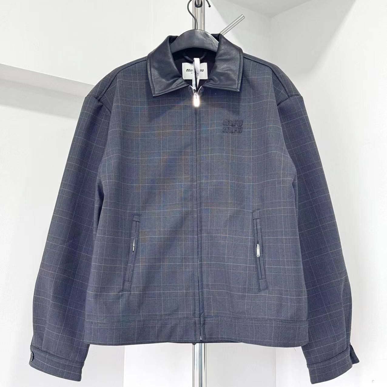 Miu Miu Prince Of Wales Check And bonded Jersey Blouson Jacket - FashionPlug