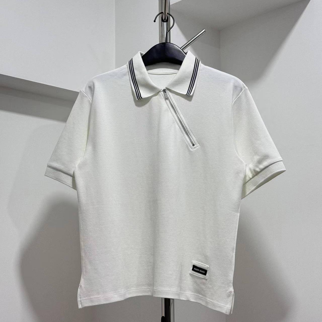 Miu Miu Ribbed Trim Zippered Polo Shirt - FashionPlug