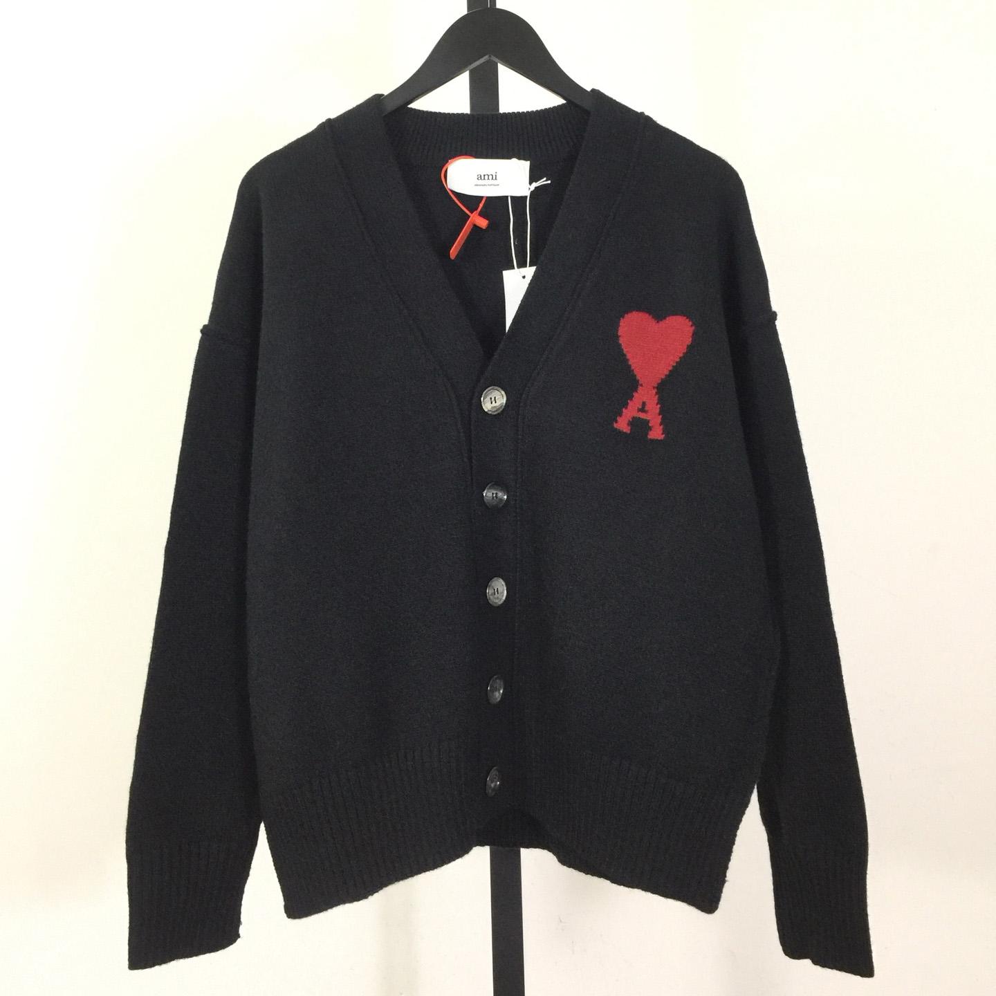AMI Paris Black Wool Ami De Coeur Cardigan  - FashionPlug