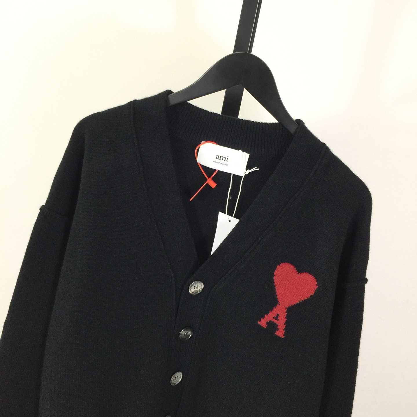 AMI Paris Black Wool Ami De Coeur Cardigan  - FashionPlug