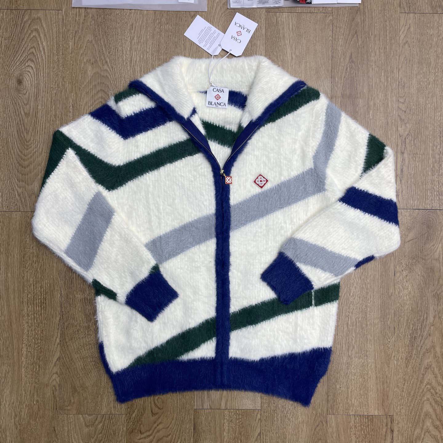 Casablanca Furry Striped Zip Up Jumper 'Blue/Green' - FashionPlug