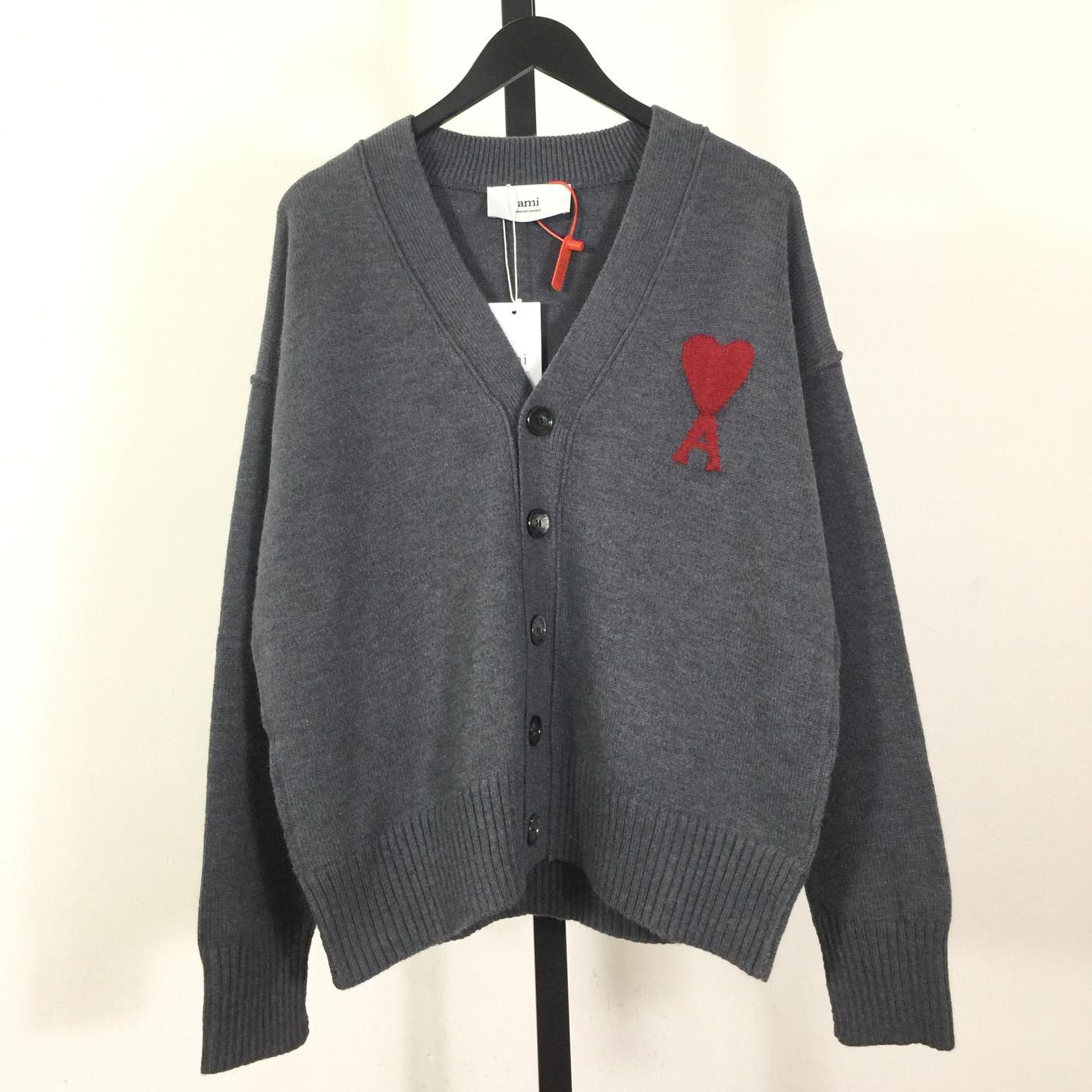 AMI Paris Grey Wool Ami De Coeur Cardigan  - FashionPlug