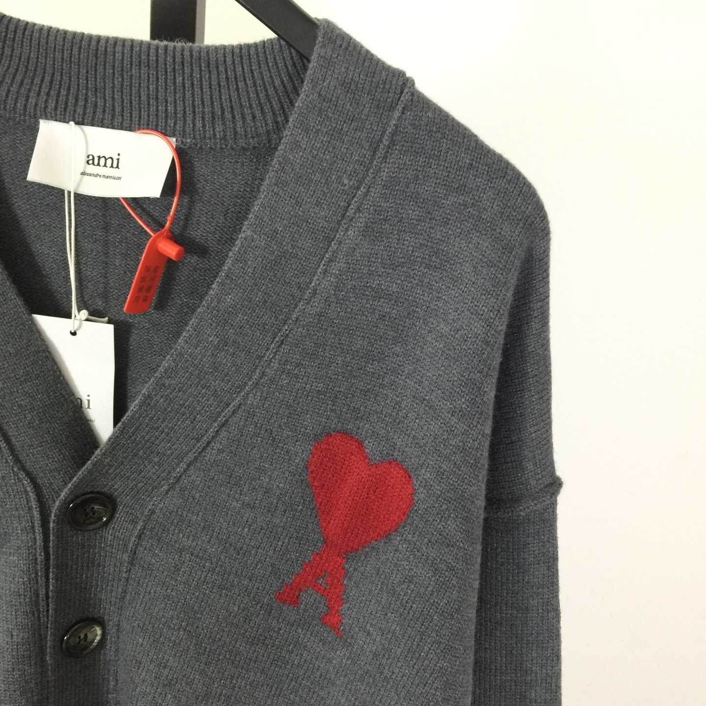 AMI Paris Grey Wool Ami De Coeur Cardigan  - FashionPlug