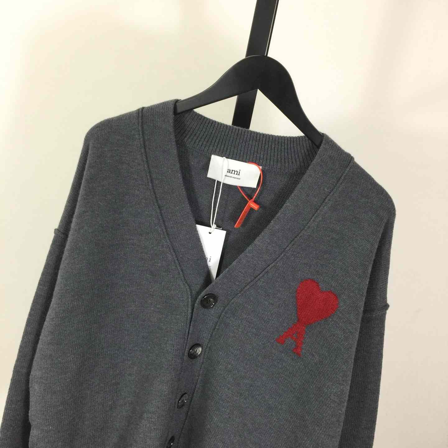 AMI Paris Grey Wool Ami De Coeur Cardigan  - FashionPlug
