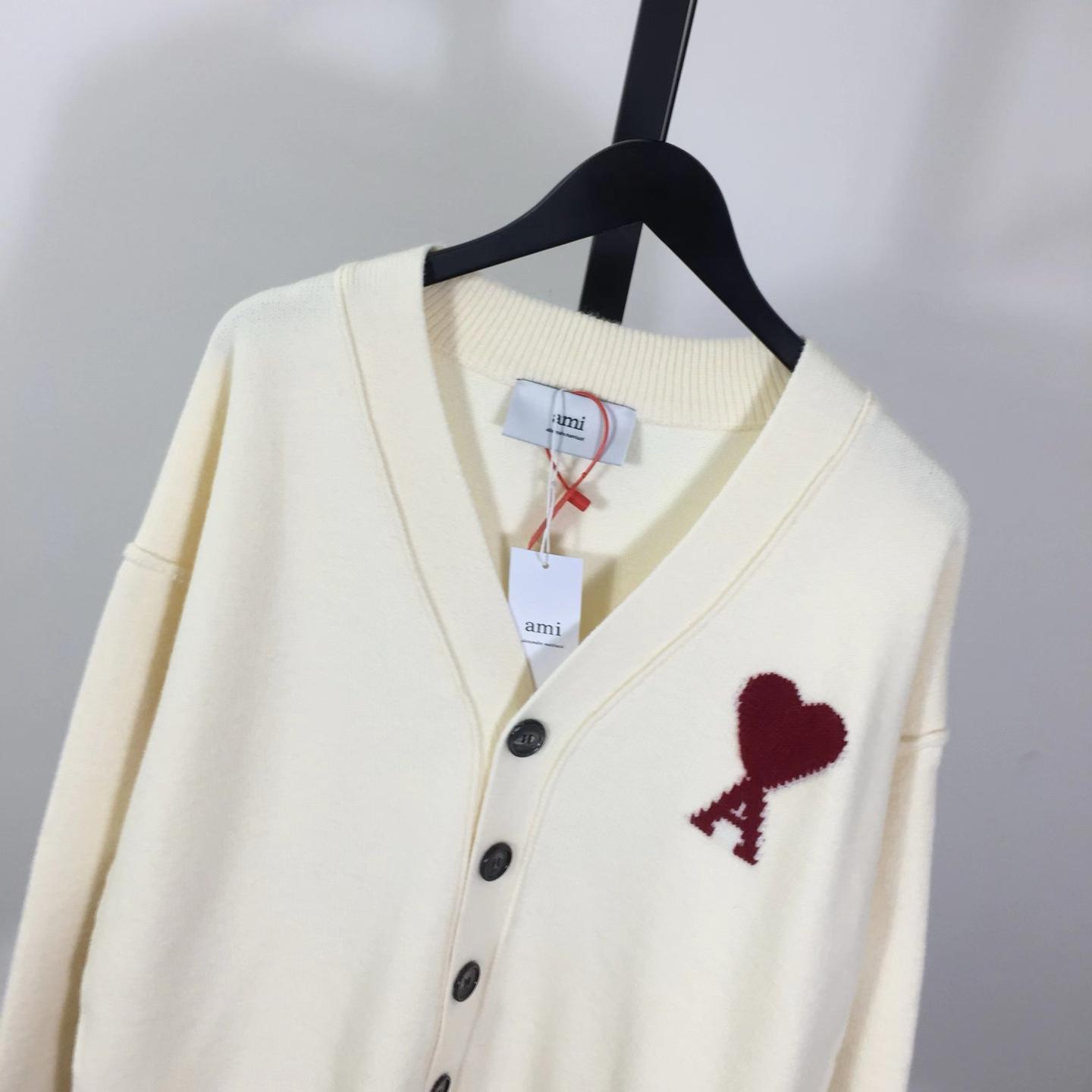 AMI Paris White Wool Ami De Coeur Cardigan  - FashionPlug