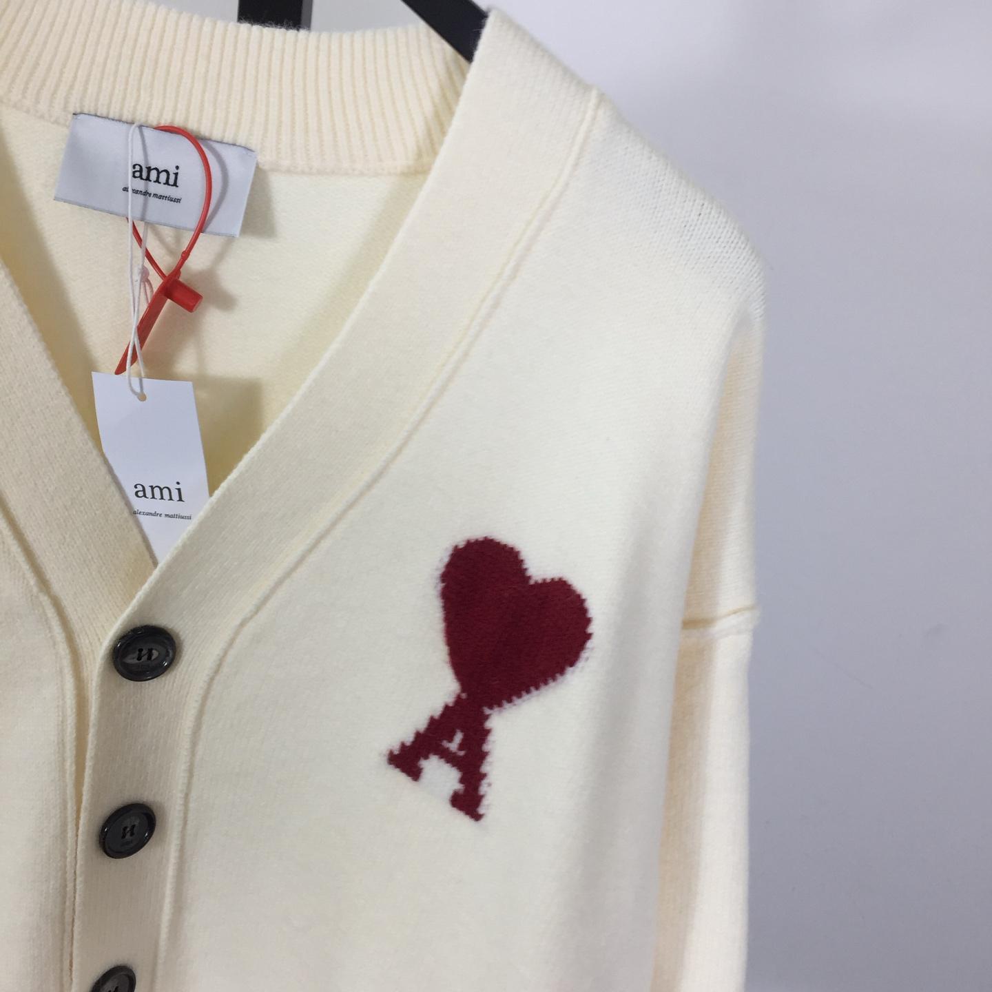 AMI Paris White Wool Ami De Coeur Cardigan  - FashionPlug