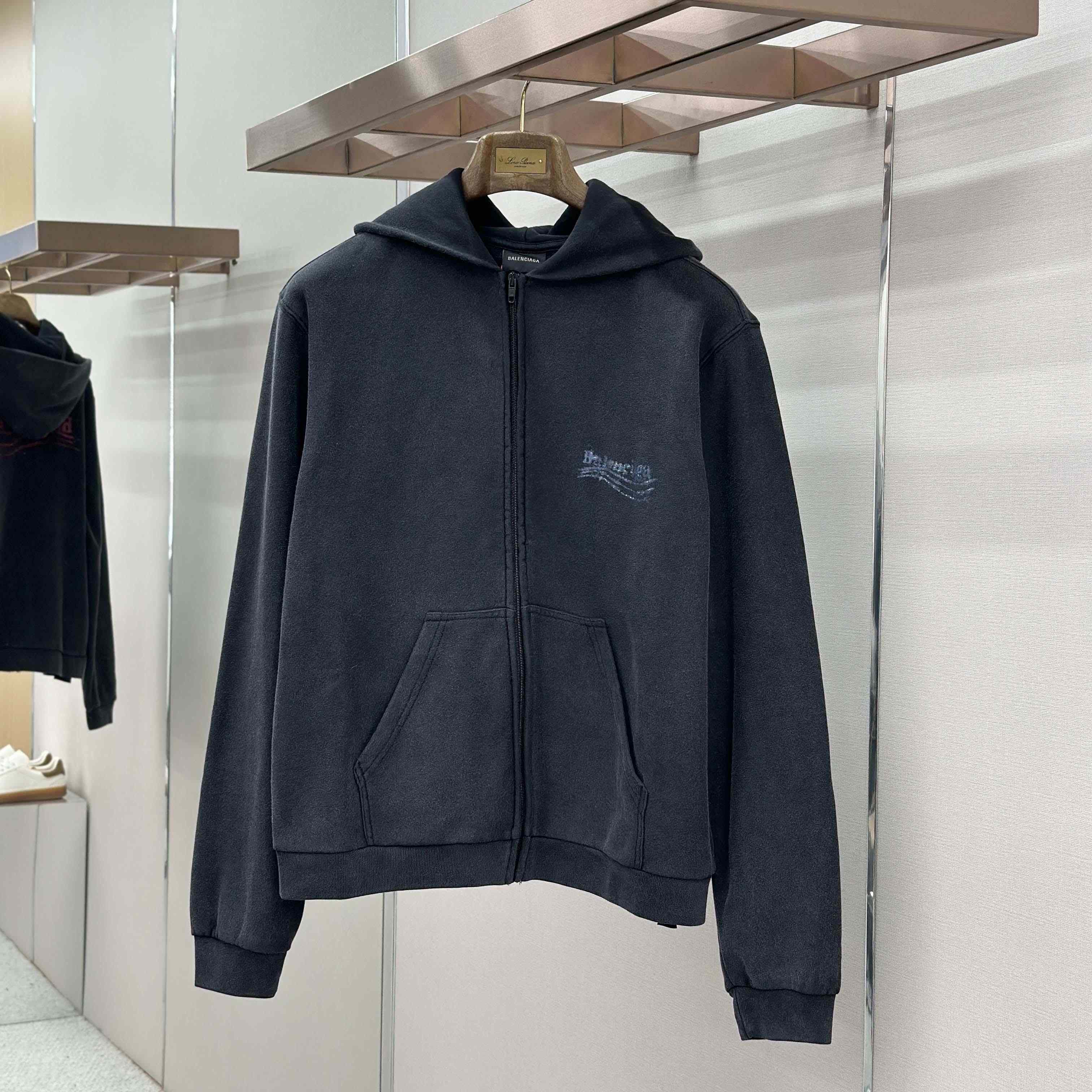 Balenciaga Washed Crayon Political Zip-Up Hoodie Regular Fit In Faded Black - FashionPlug