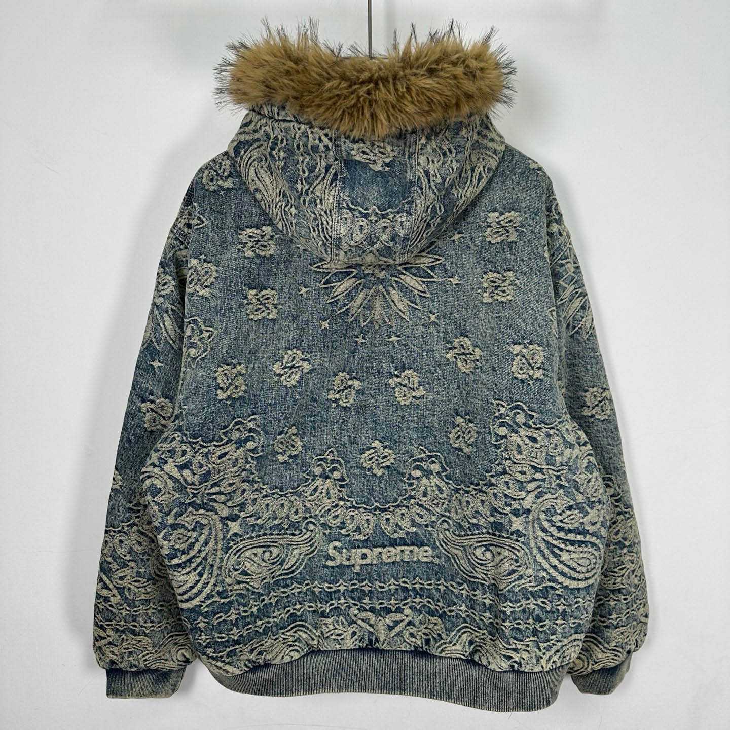 Supreme Bandana Jacquard Denim Hooded Work Jacket 'Blue' - FashionPlug