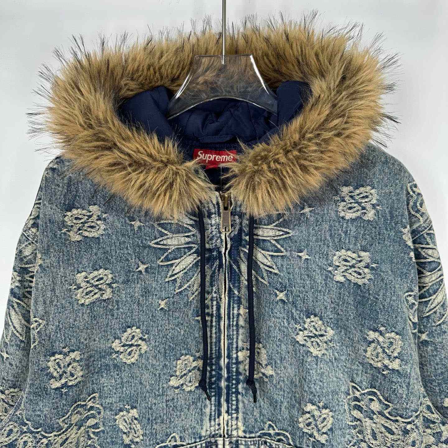 Supreme Bandana Jacquard Denim Hooded Work Jacket 'Blue' - FashionPlug