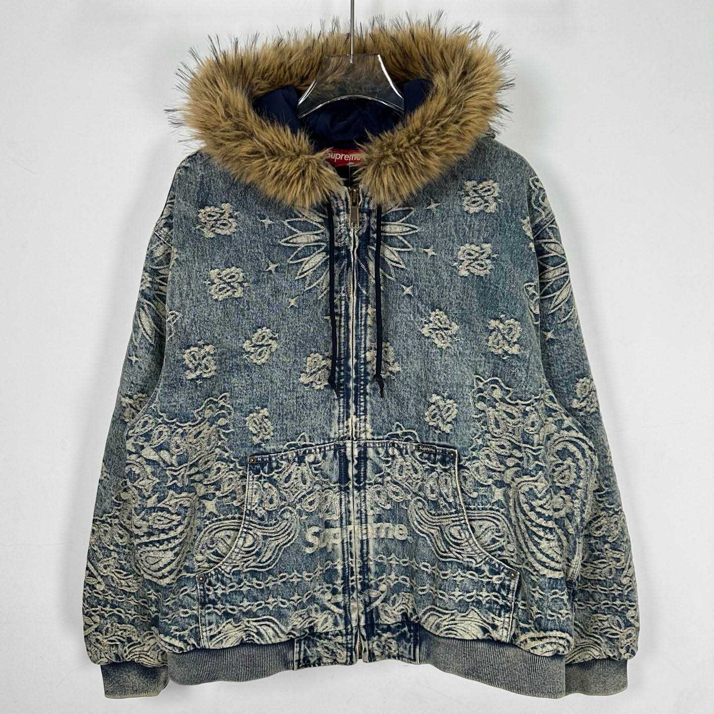 Supreme Bandana Jacquard Denim Hooded Work Jacket 'Blue' - FashionPlug