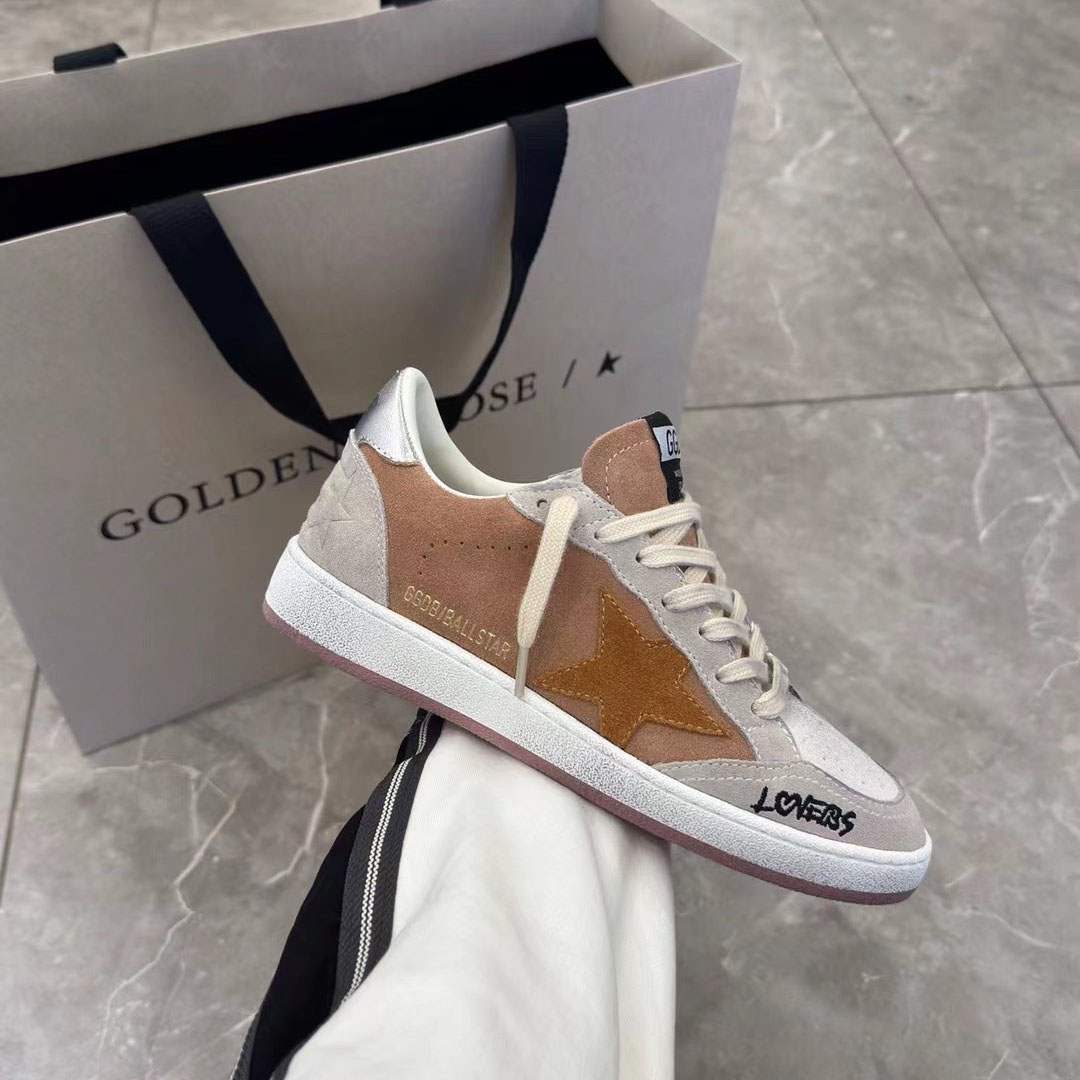 Golden Goose Ball Star in suede with orange star and silver metallic heel tab - FashionPlug