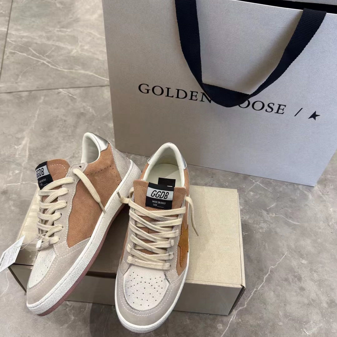 Golden Goose Ball Star in suede with orange star and silver metallic heel tab - FashionPlug