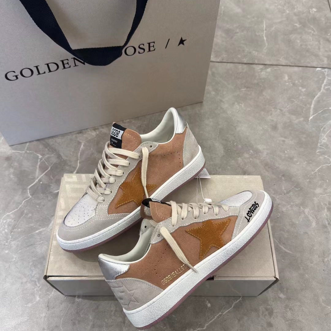 Golden Goose Ball Star in suede with orange star and silver metallic heel tab - FashionPlug