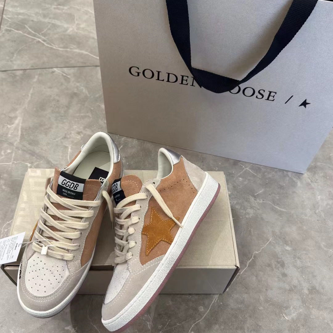 Golden Goose Ball Star in suede with orange star and silver metallic heel tab - FashionPlug