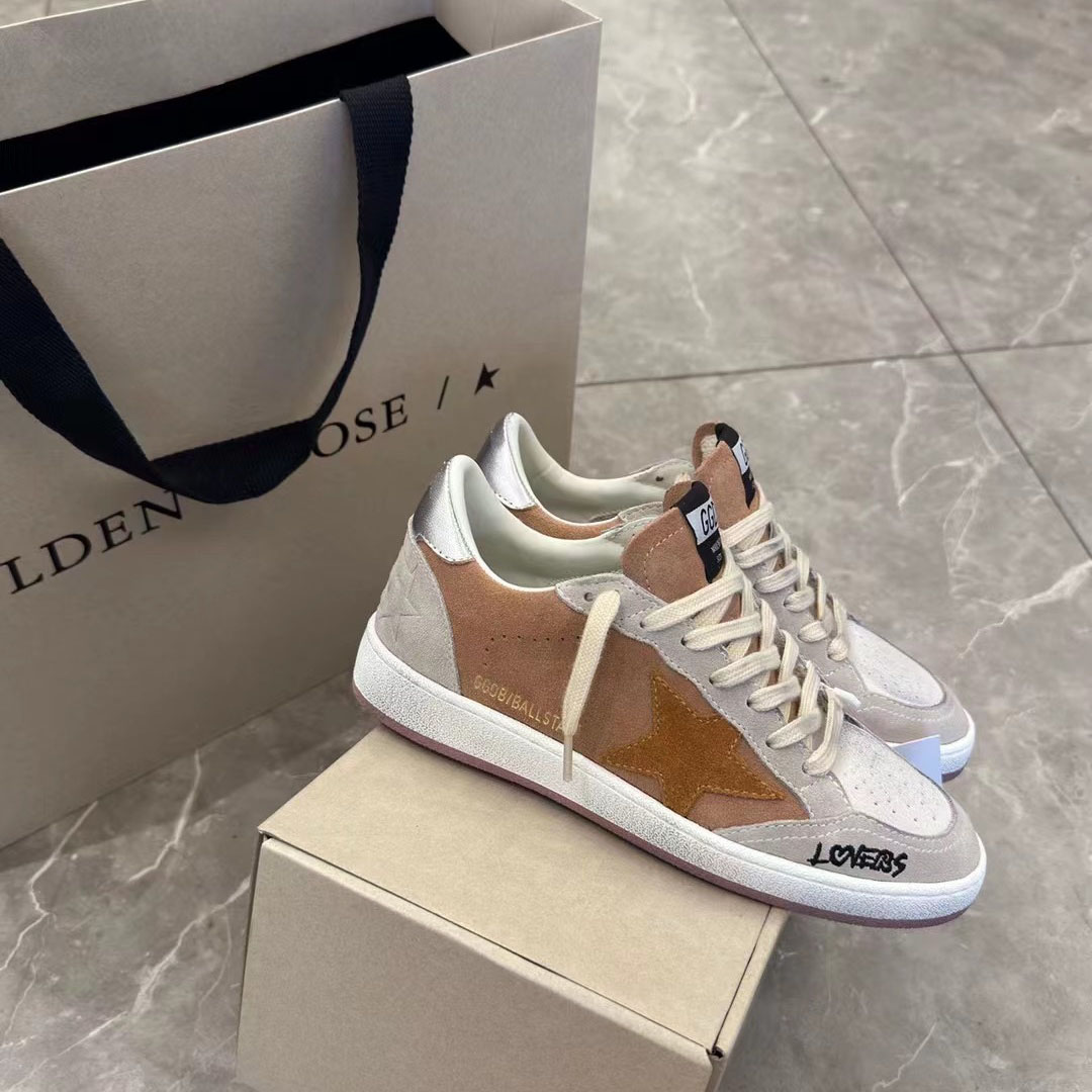 Golden Goose Ball Star in suede with orange star and silver metallic heel tab - FashionPlug