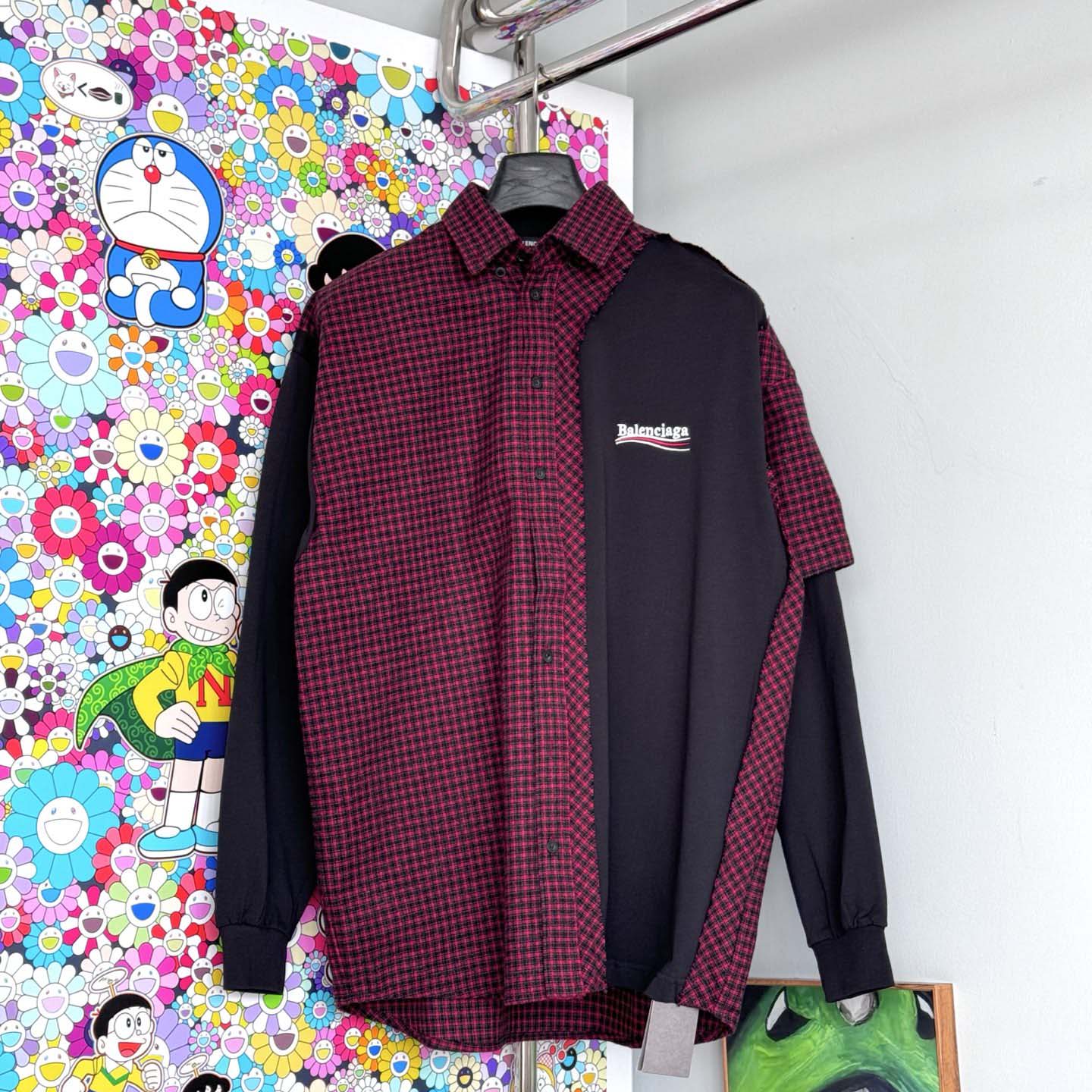 Balenciaga Patched Shirt In Red Check Flannel And Black Dry Jersey - FashionPlug