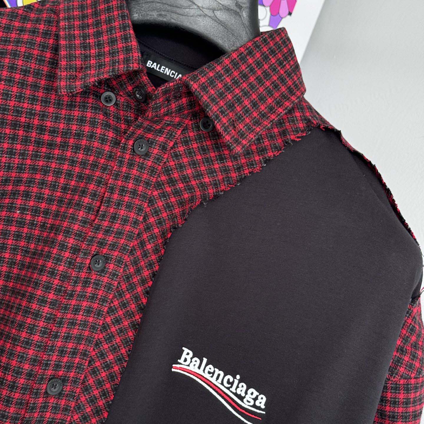 Balenciaga Patched Shirt In Red Check Flannel And Black Dry Jersey - FashionPlug