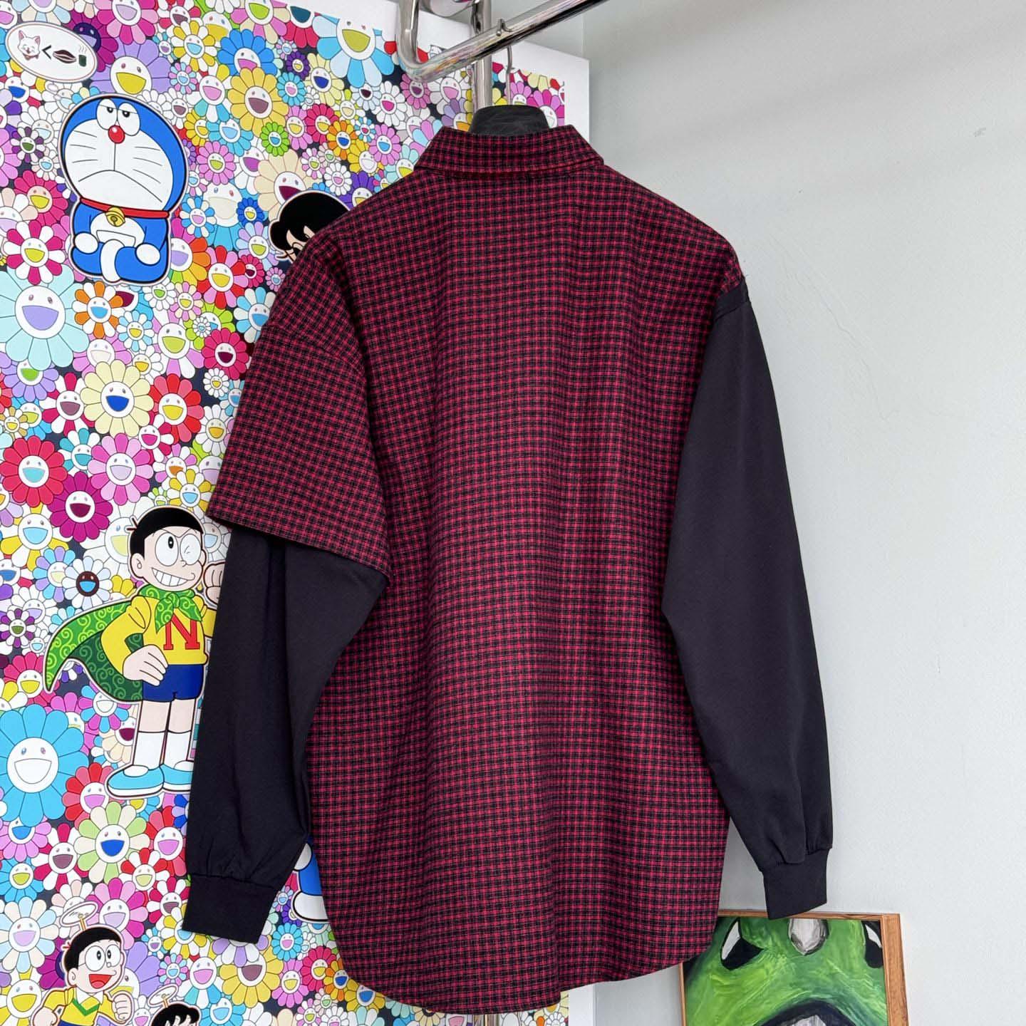 Balenciaga Patched Shirt In Red Check Flannel And Black Dry Jersey - FashionPlug