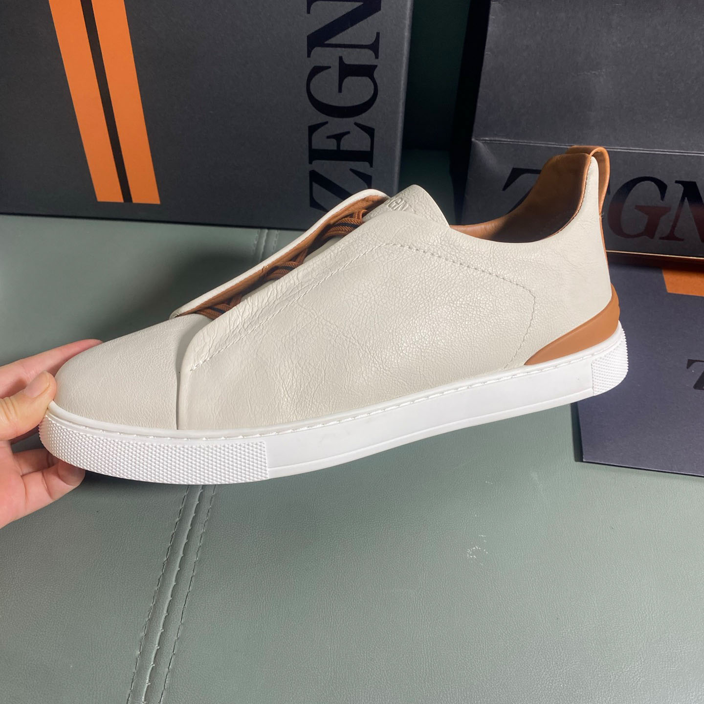 Zegna Off White Deerskin Triple Stitch™ Sneakers - FashionPlug