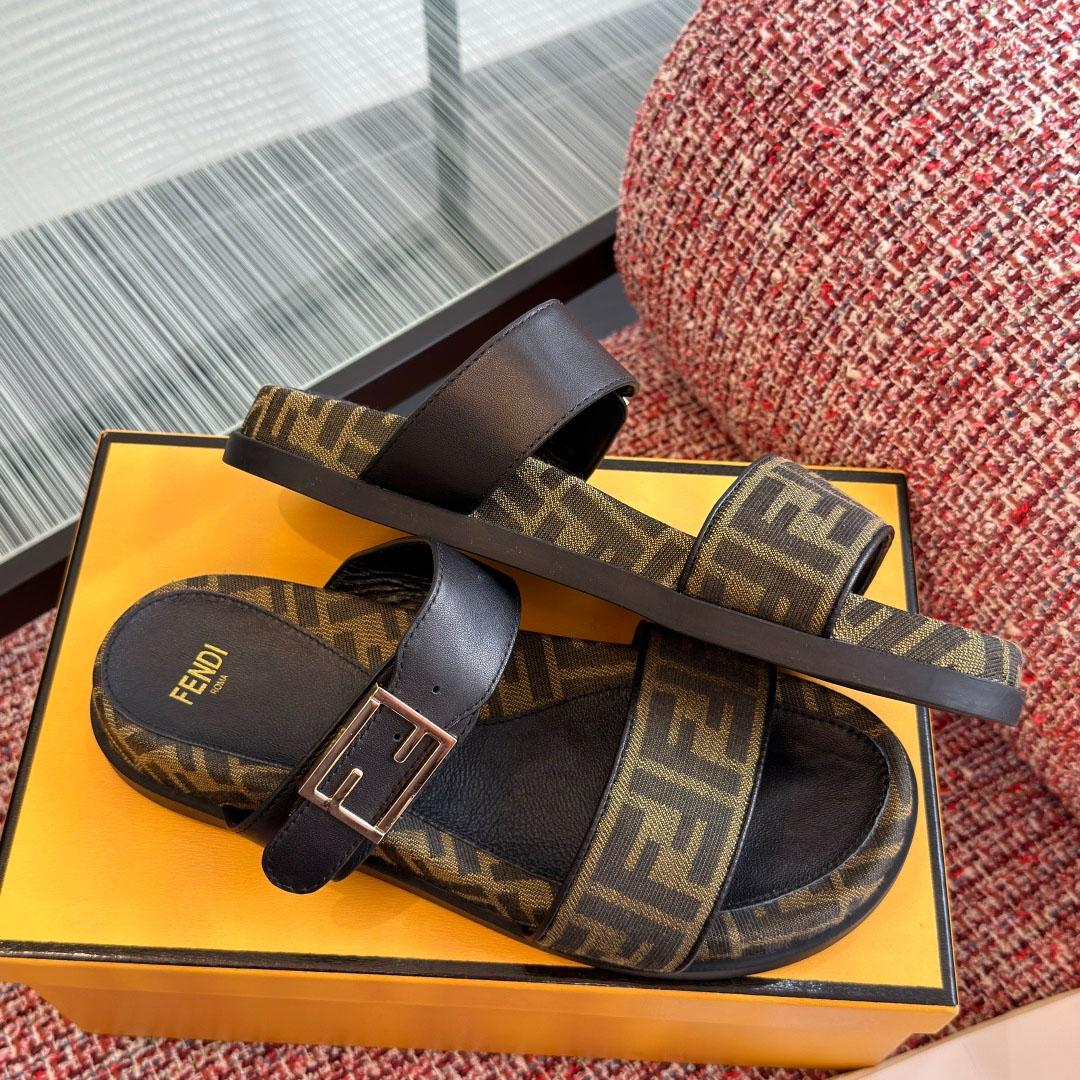Fendi Black Leather And Brown FF Fabric Slides - FashionPlug