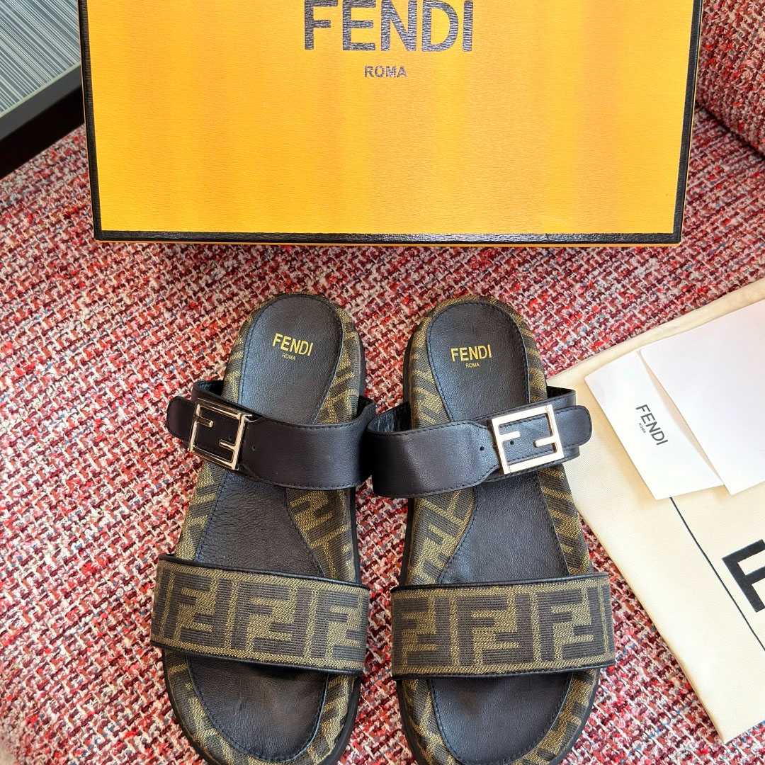 Fendi Black Leather And Brown FF Fabric Slides - FashionPlug