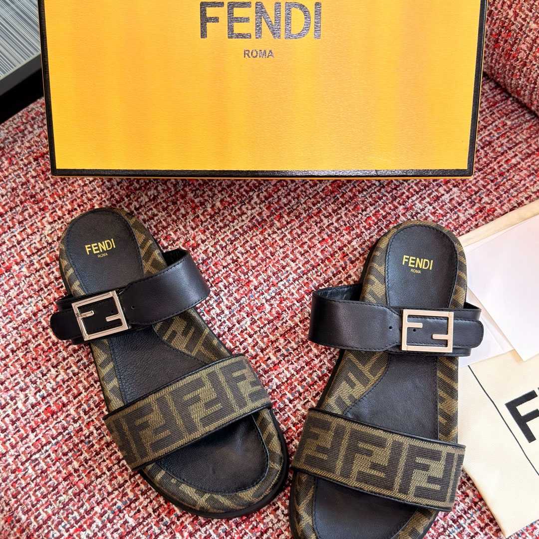 Fendi Black Leather And Brown FF Fabric Slides - FashionPlug