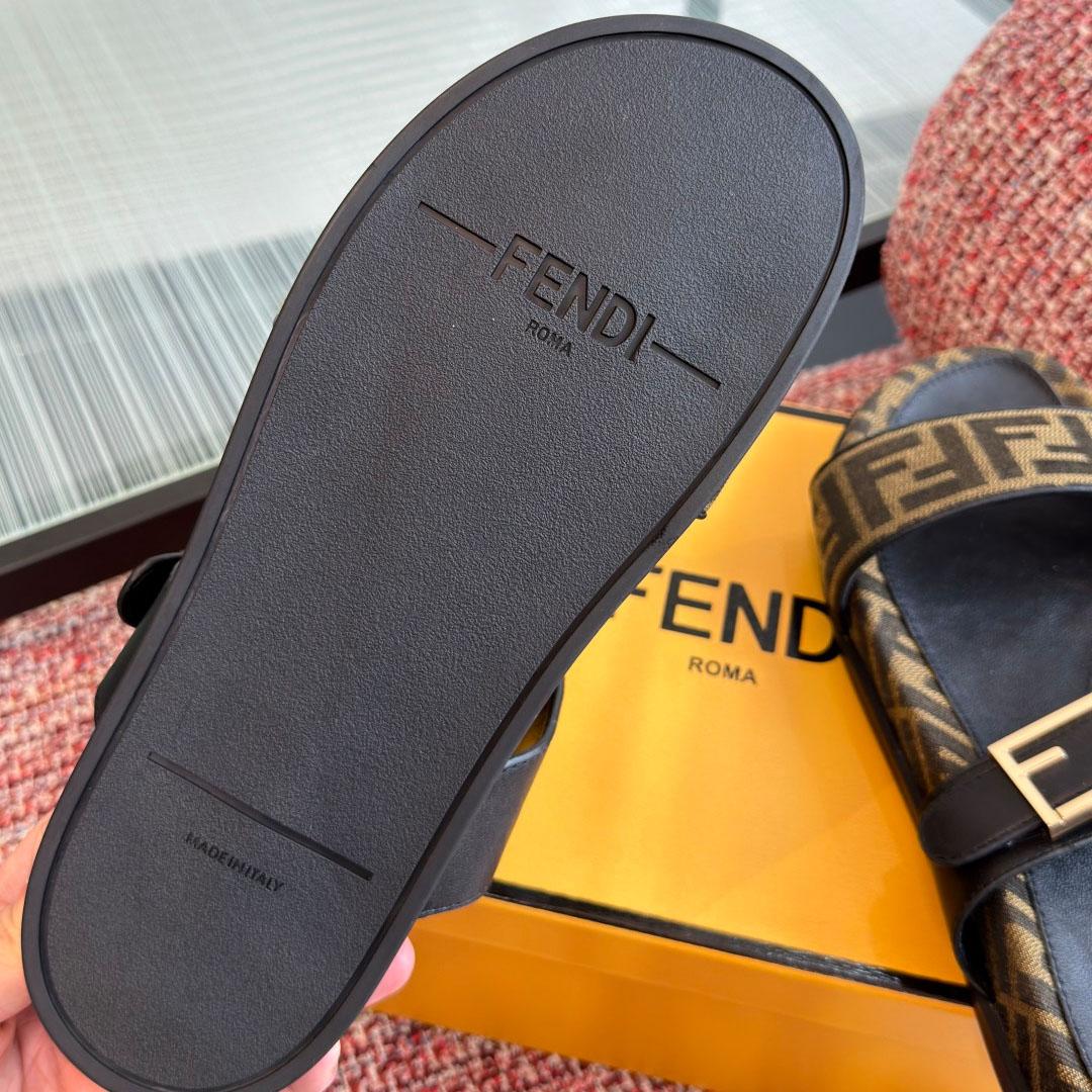 Fendi Black Leather And Brown FF Fabric Slides - FashionPlug