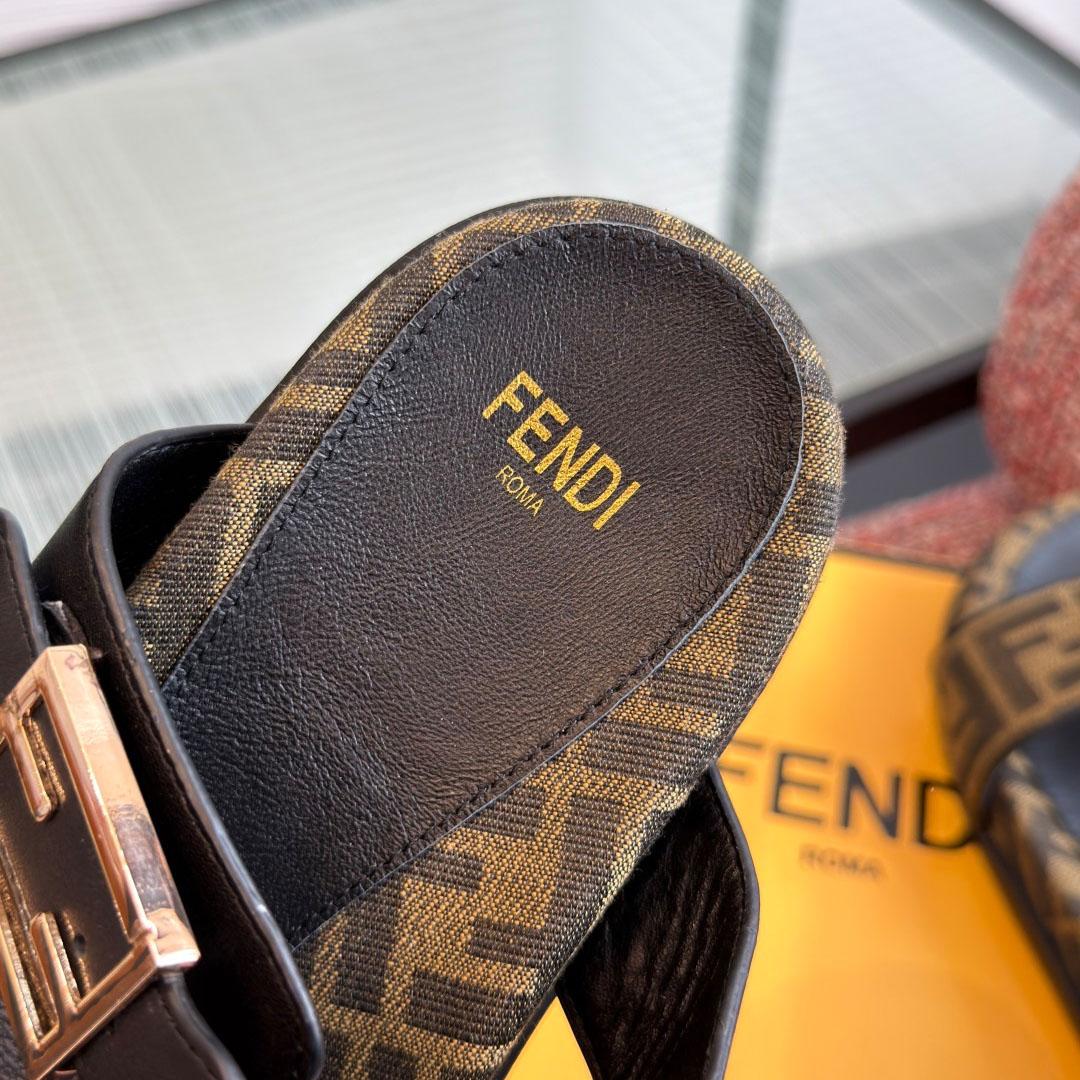 Fendi Black Leather And Brown FF Fabric Slides - FashionPlug