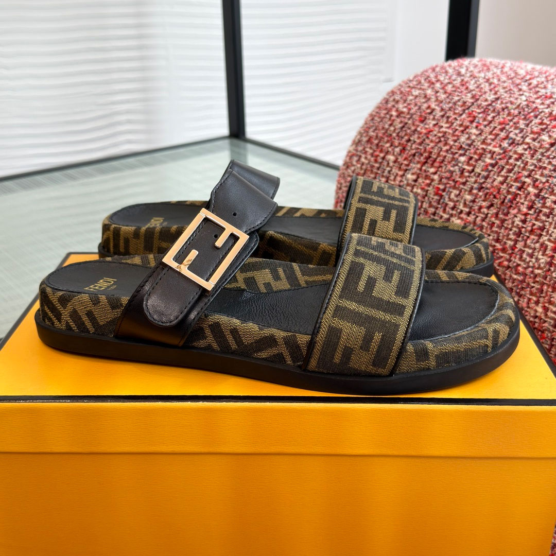 Fendi Black Leather And Brown FF Fabric Slides - FashionPlug