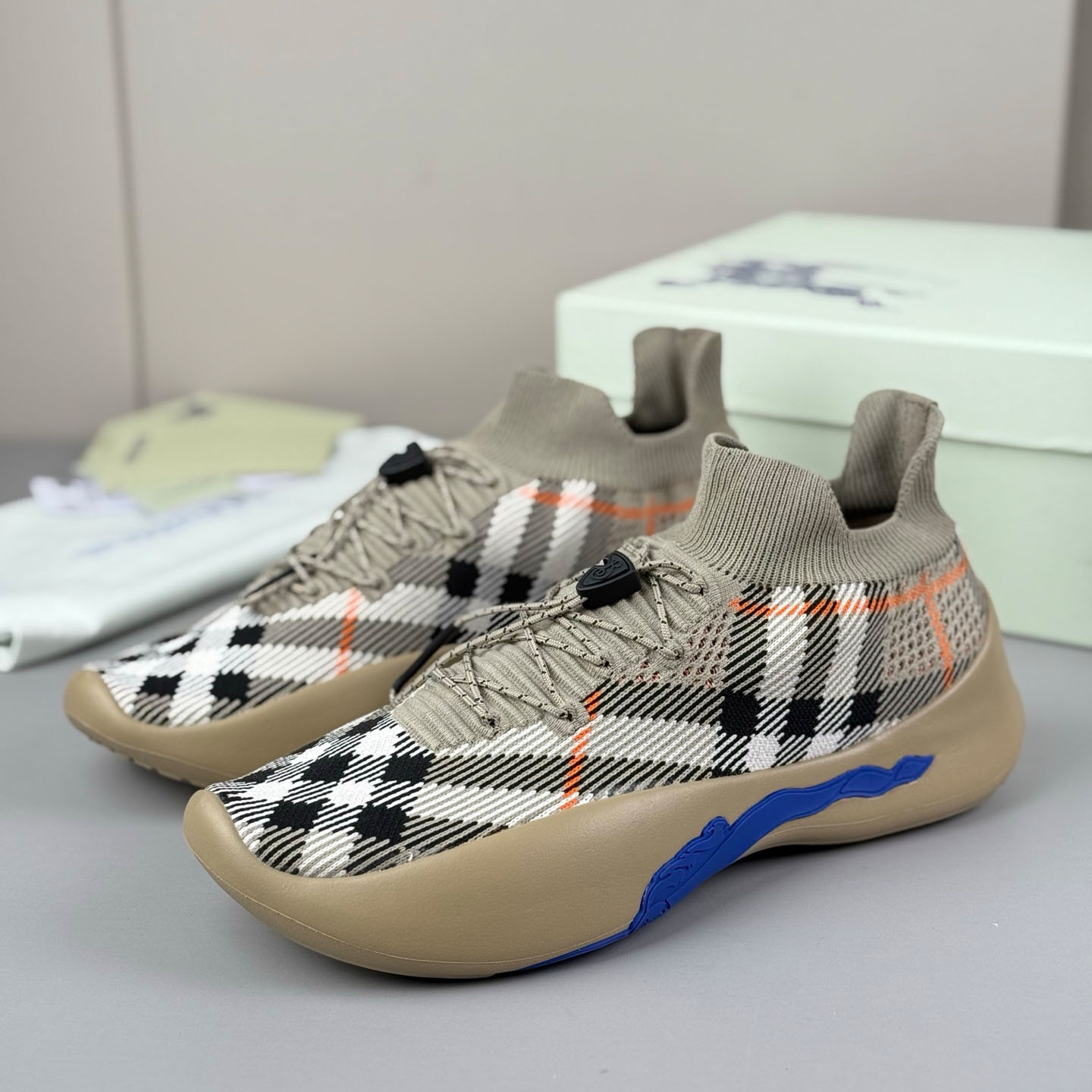 Burberry Check Knit Neptune Sneakers - FashionPlug