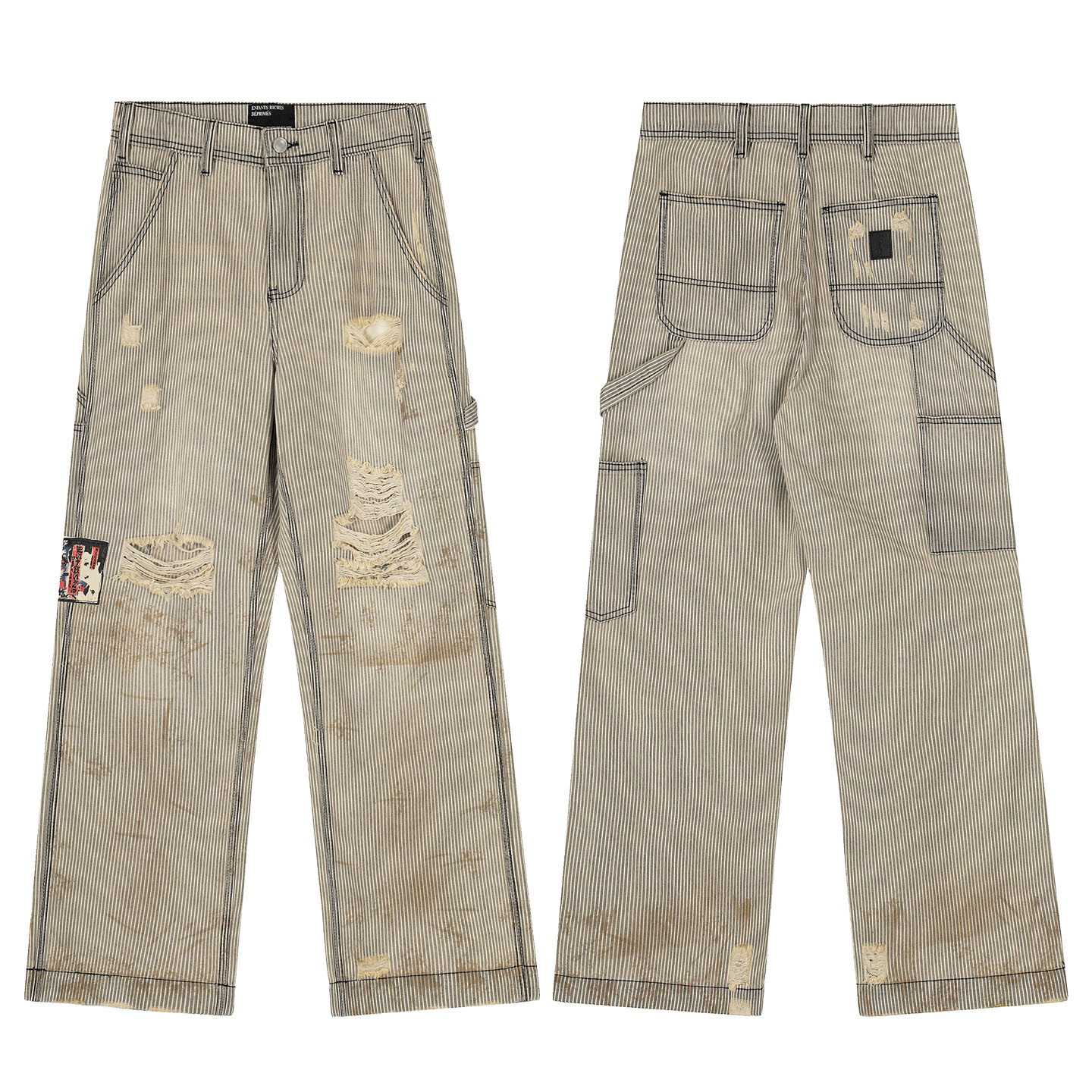 Enfants Riches Déprimés Wide-leg Striped Paint-splattered Distressed Denim Trousers - FashionPlug