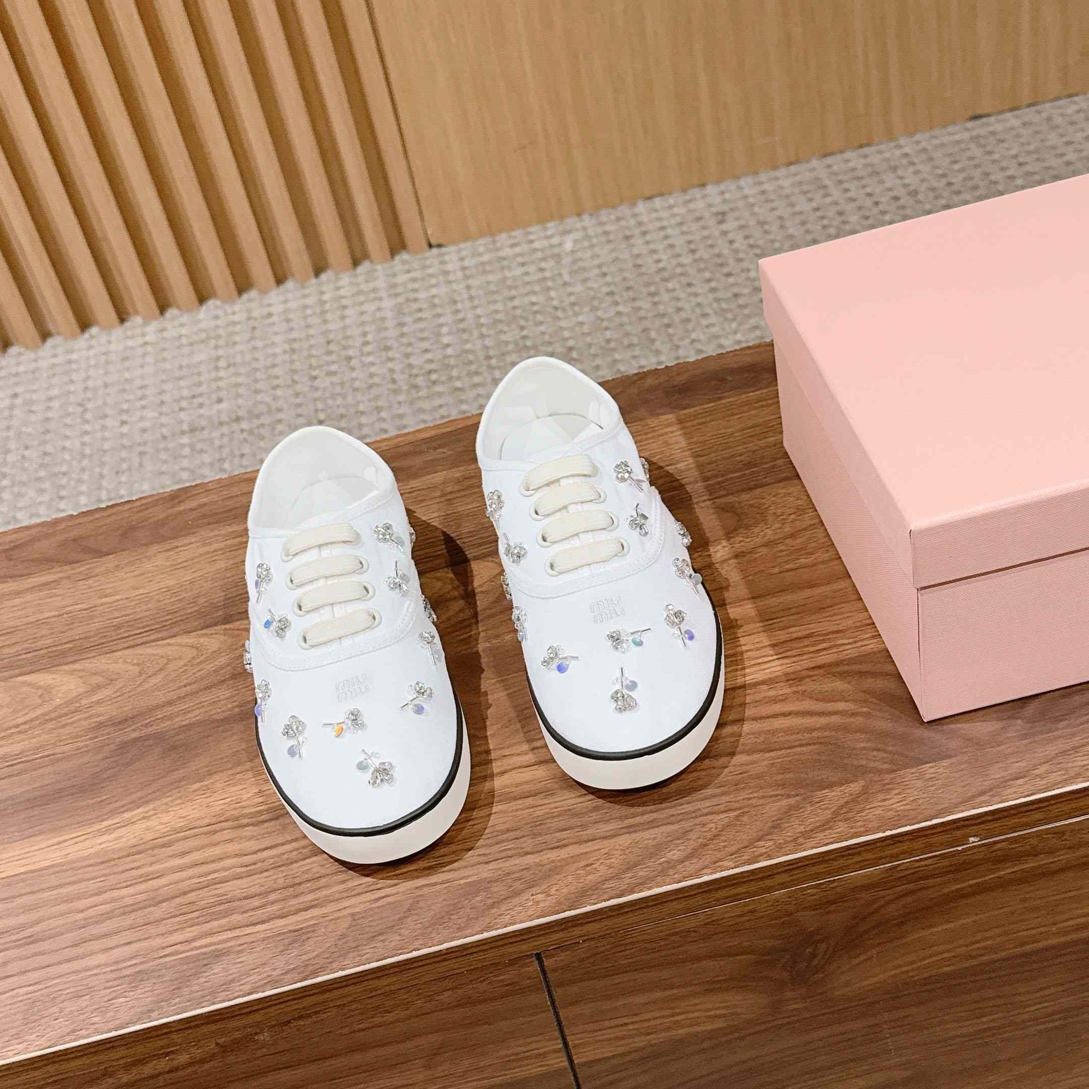 Miu Miu Embroidered Drill Sneakers - FashionPlug