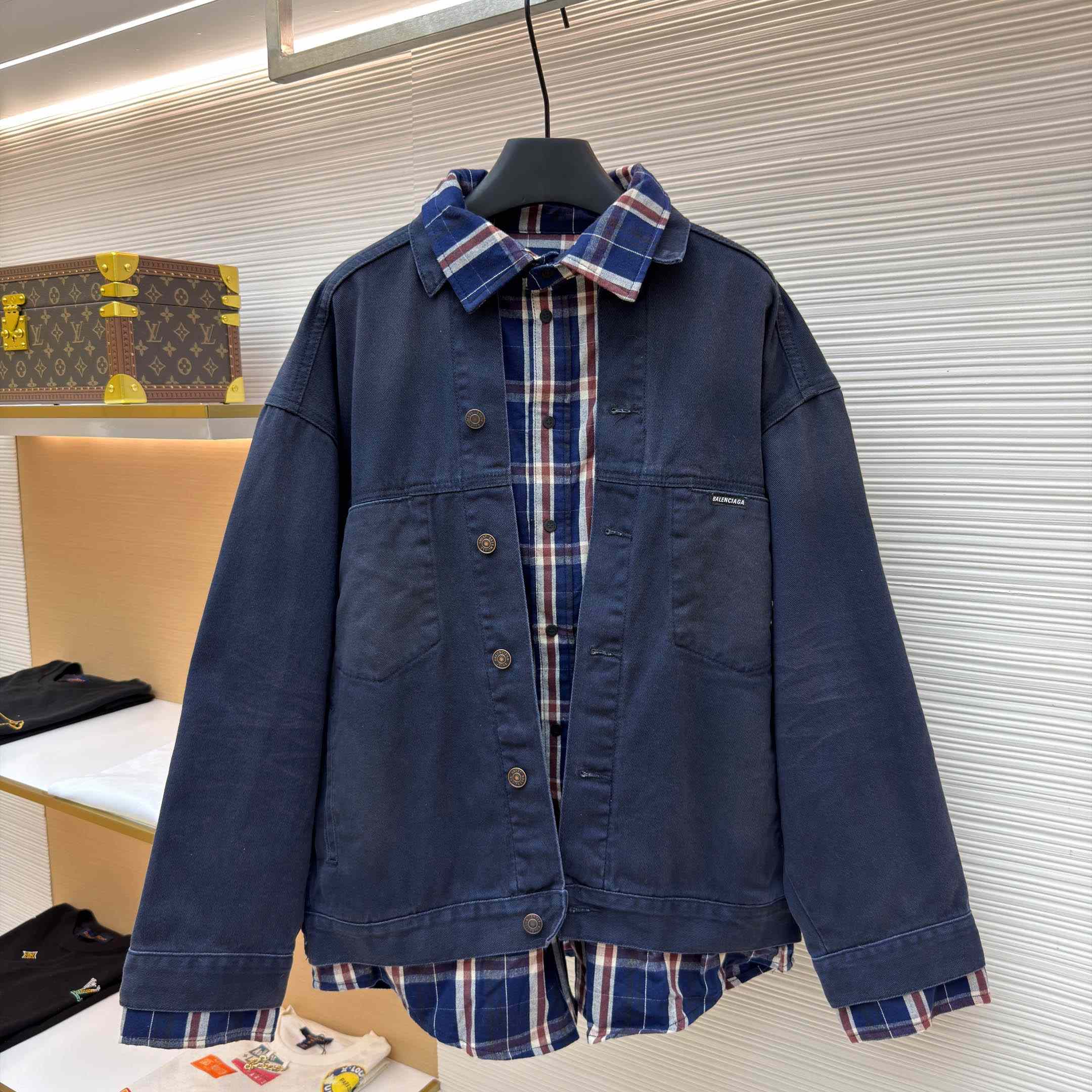 Balenciaga Patched Shirt Jacket In Navy/Dirty Dark Blue - FashionPlug