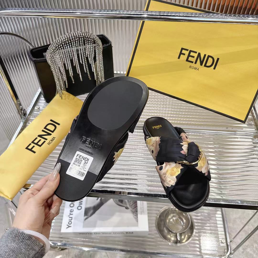 Fendi Black FF Jacquard Satin Slides - FashionPlug