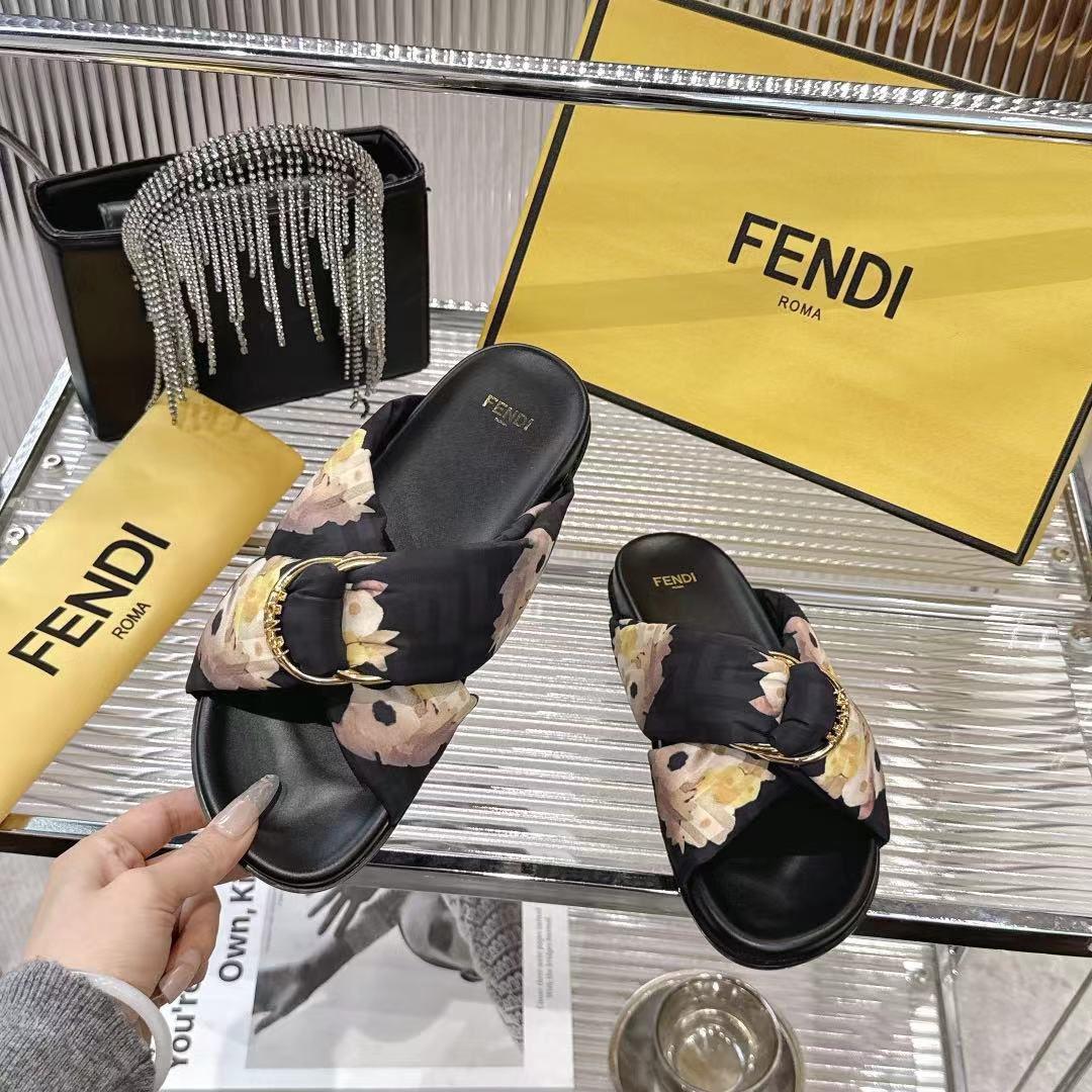 Fendi Black FF Jacquard Satin Slides - FashionPlug