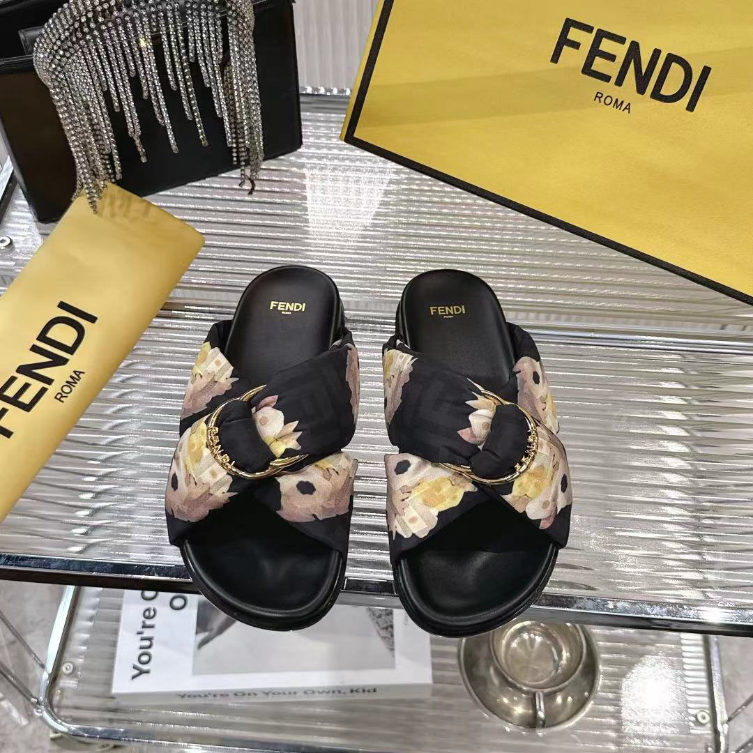 Fendi Black FF Jacquard Satin Slides - FashionPlug