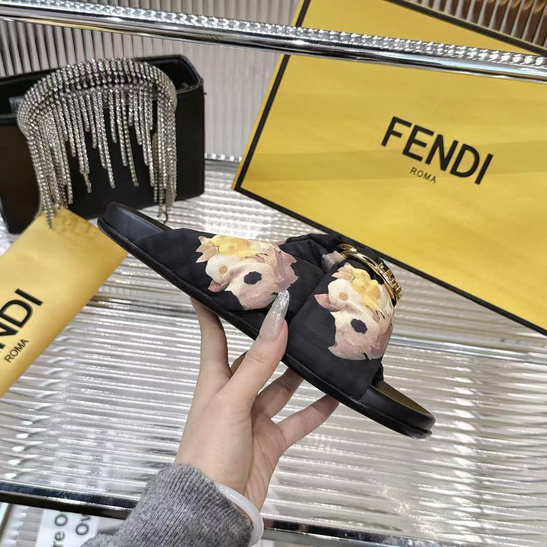 Fendi Black FF Jacquard Satin Slides - FashionPlug