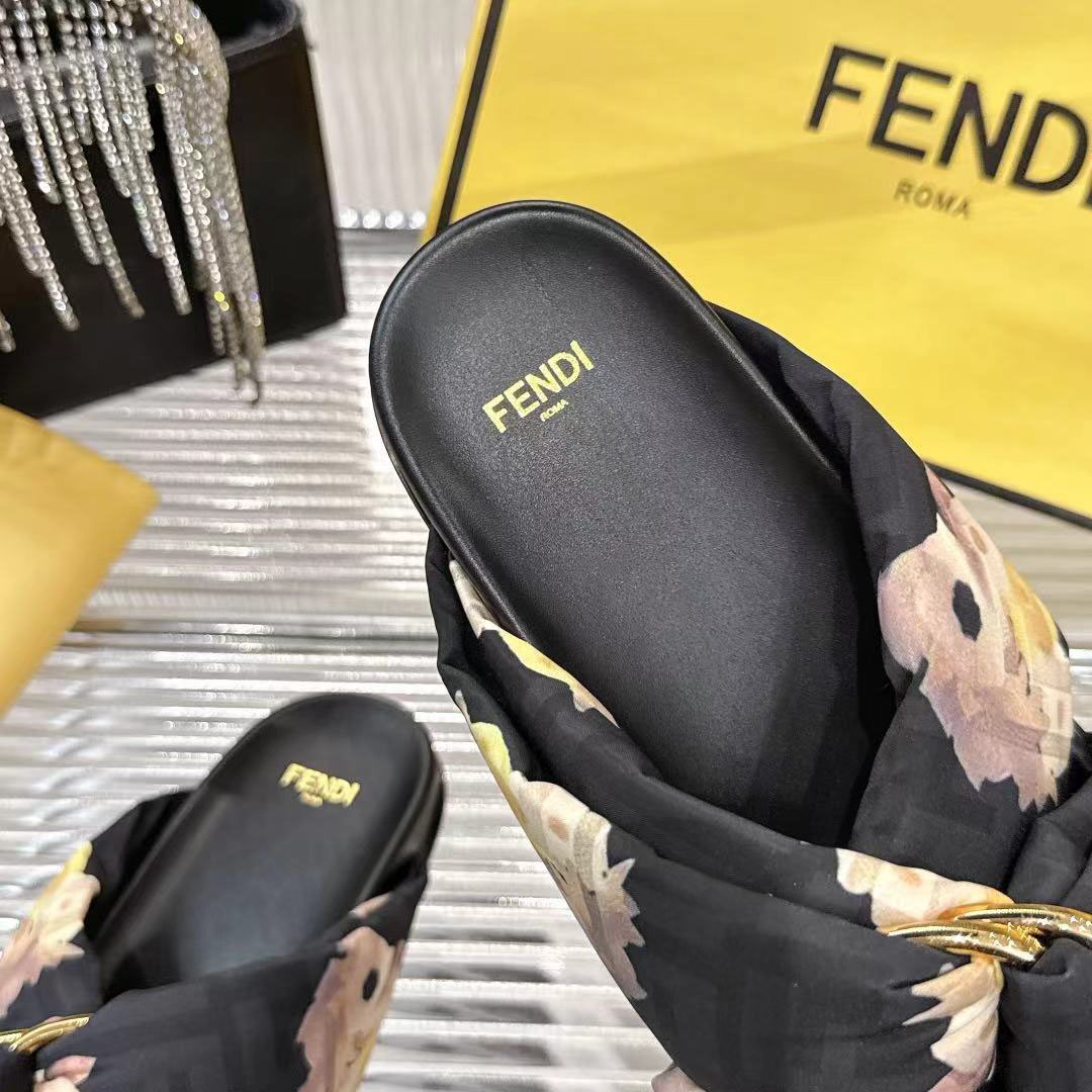 Fendi Black FF Jacquard Satin Slides - FashionPlug