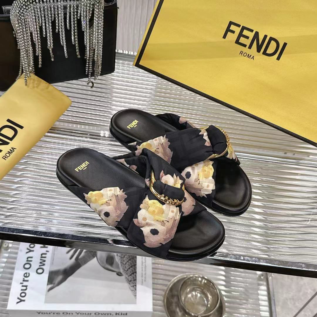 Fendi Black FF Jacquard Satin Slides - FashionPlug