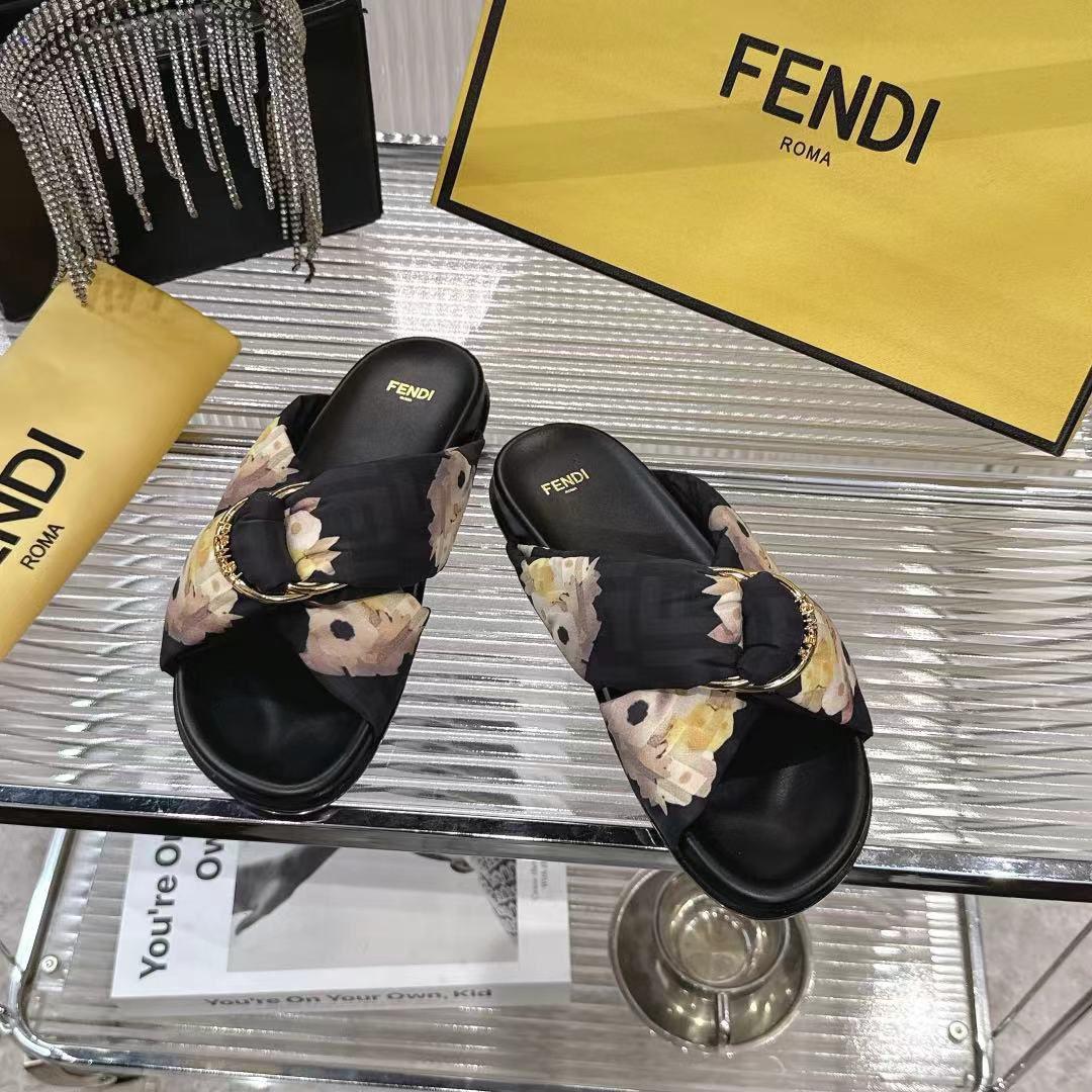 Fendi Black FF Jacquard Satin Slides - FashionPlug