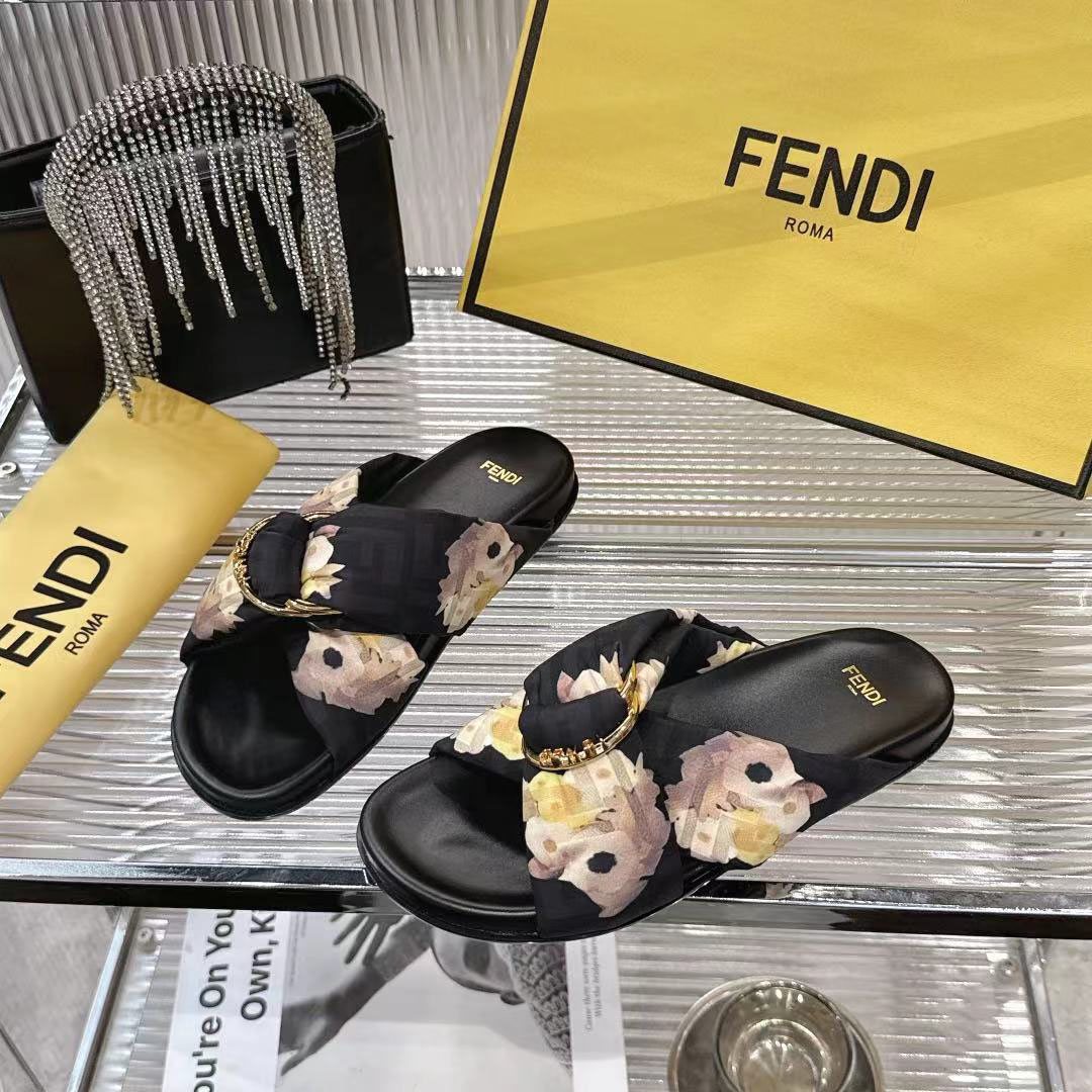 Fendi Black FF Jacquard Satin Slides - FashionPlug