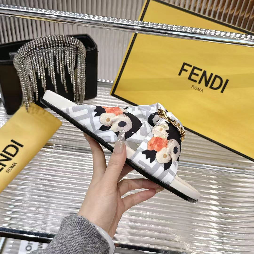 Fendi White FF Jacquard Satin Slides - FashionPlug