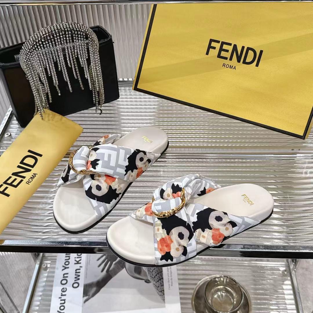Fendi White FF Jacquard Satin Slides - FashionPlug