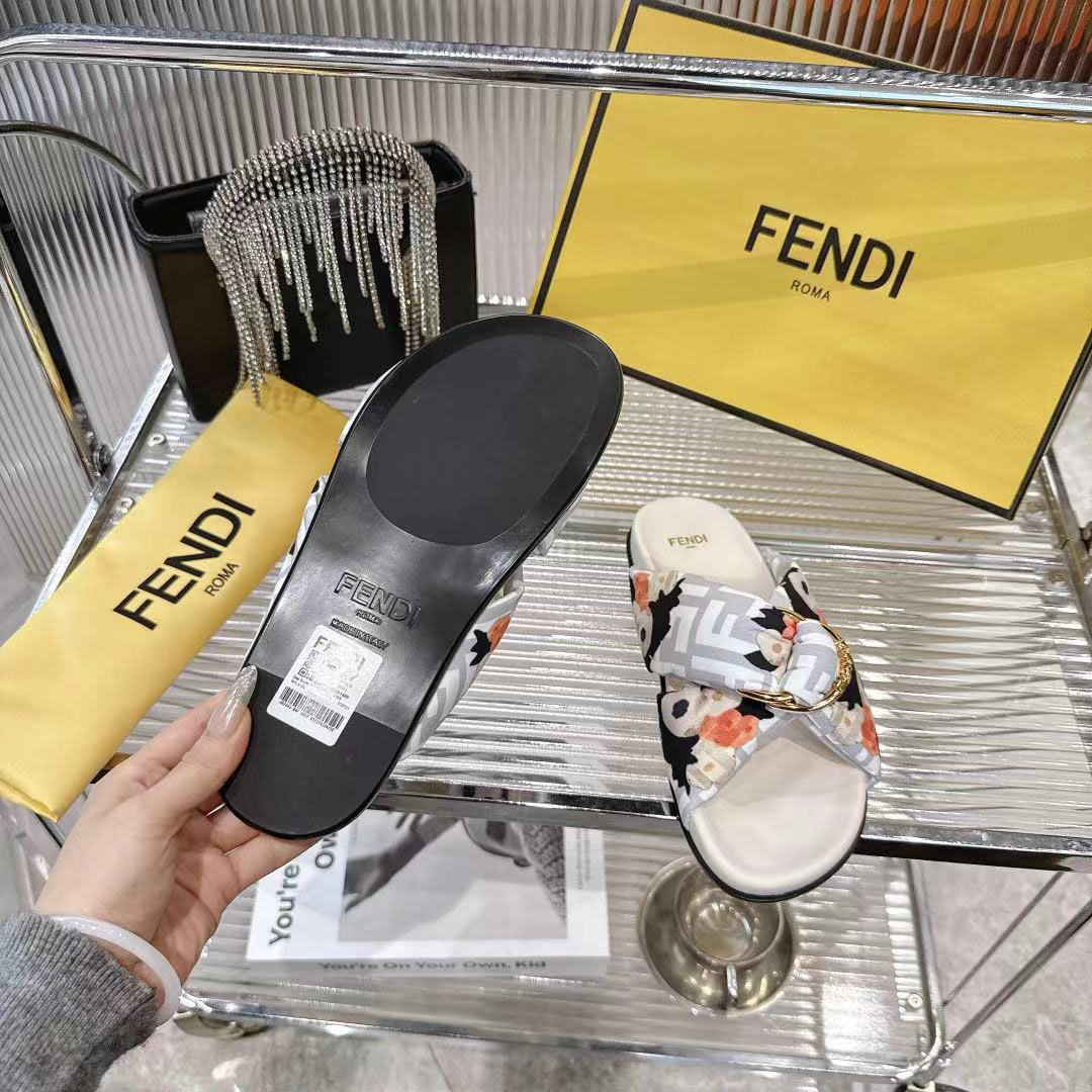 Fendi White FF Jacquard Satin Slides - FashionPlug