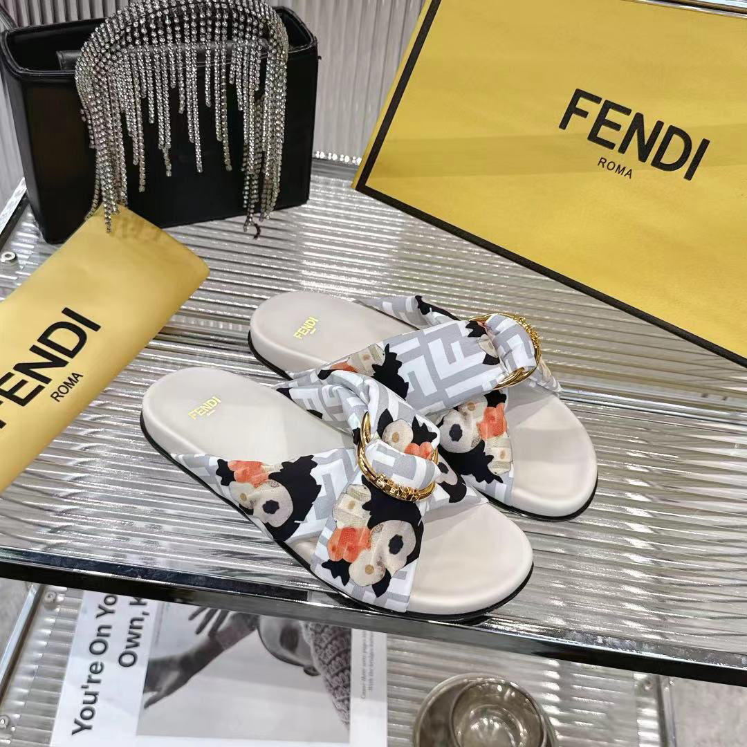 Fendi White FF Jacquard Satin Slides - FashionPlug