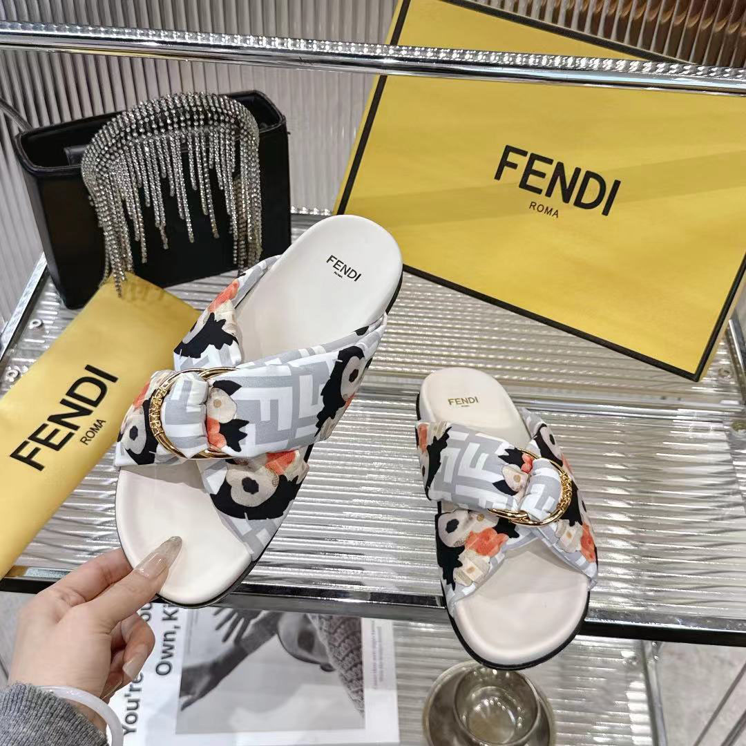 Fendi White FF Jacquard Satin Slides - FashionPlug