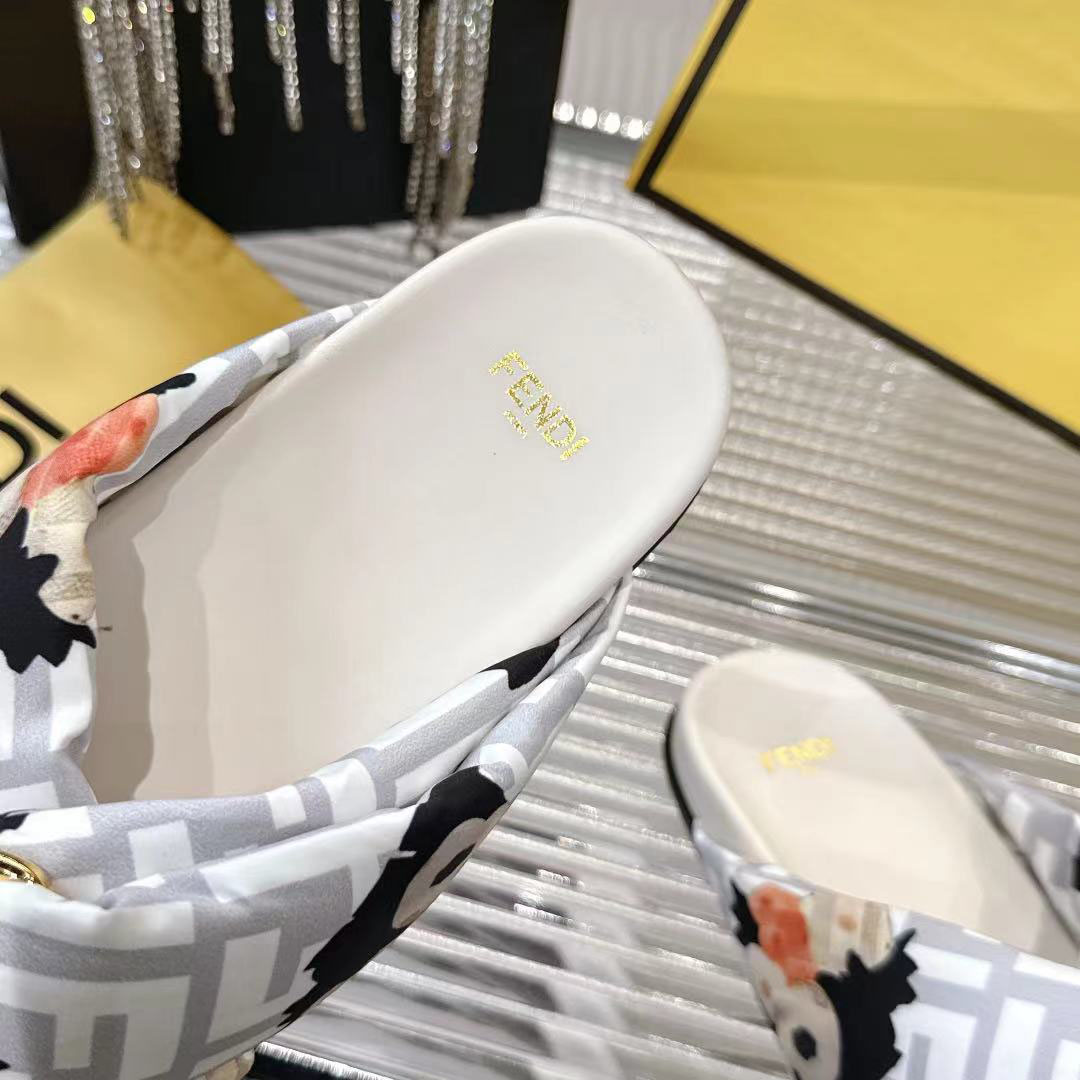 Fendi White FF Jacquard Satin Slides - FashionPlug