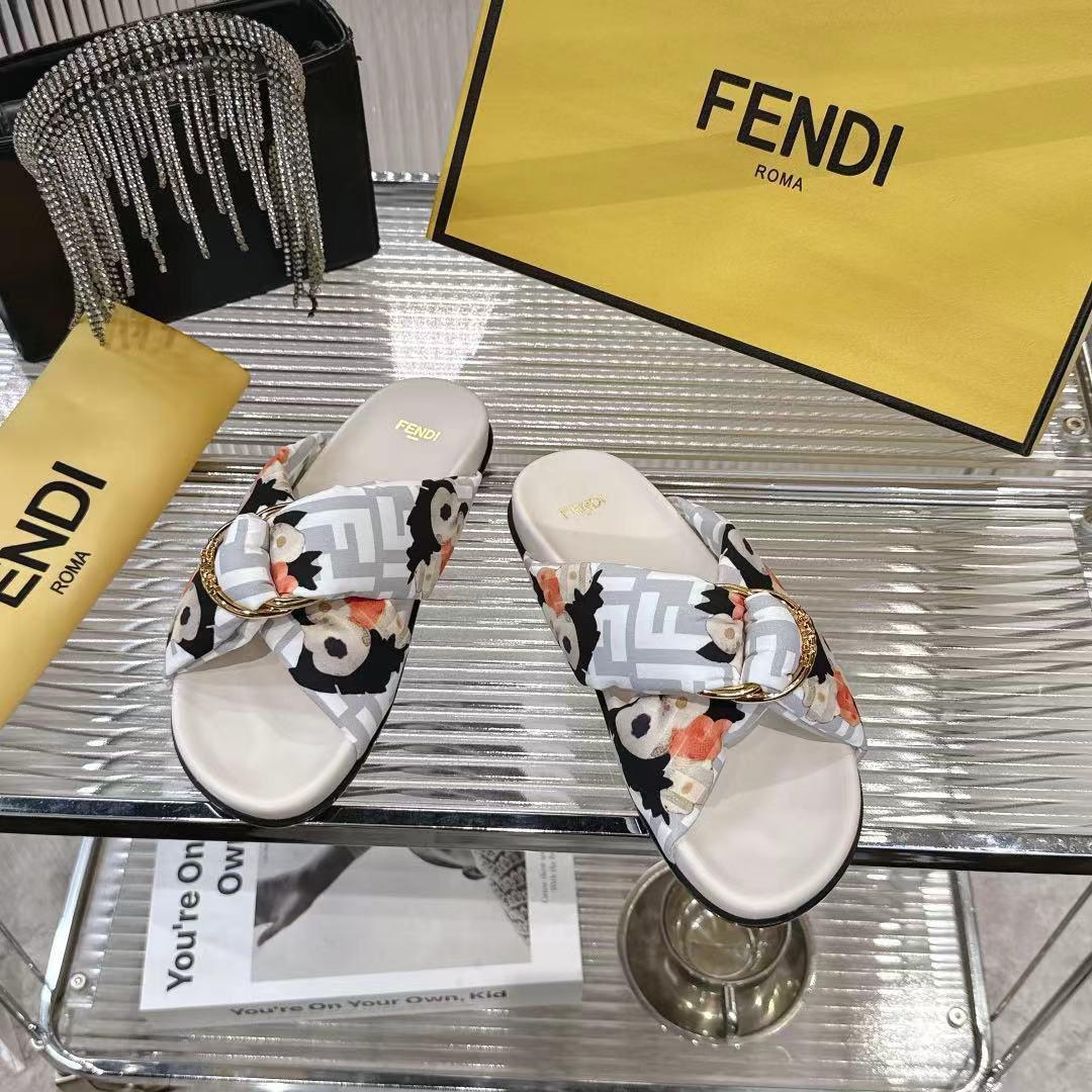 Fendi White FF Jacquard Satin Slides - FashionPlug