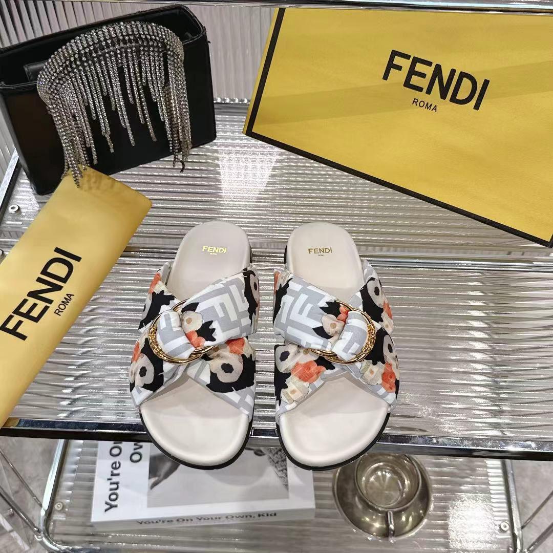 Fendi White FF Jacquard Satin Slides - FashionPlug