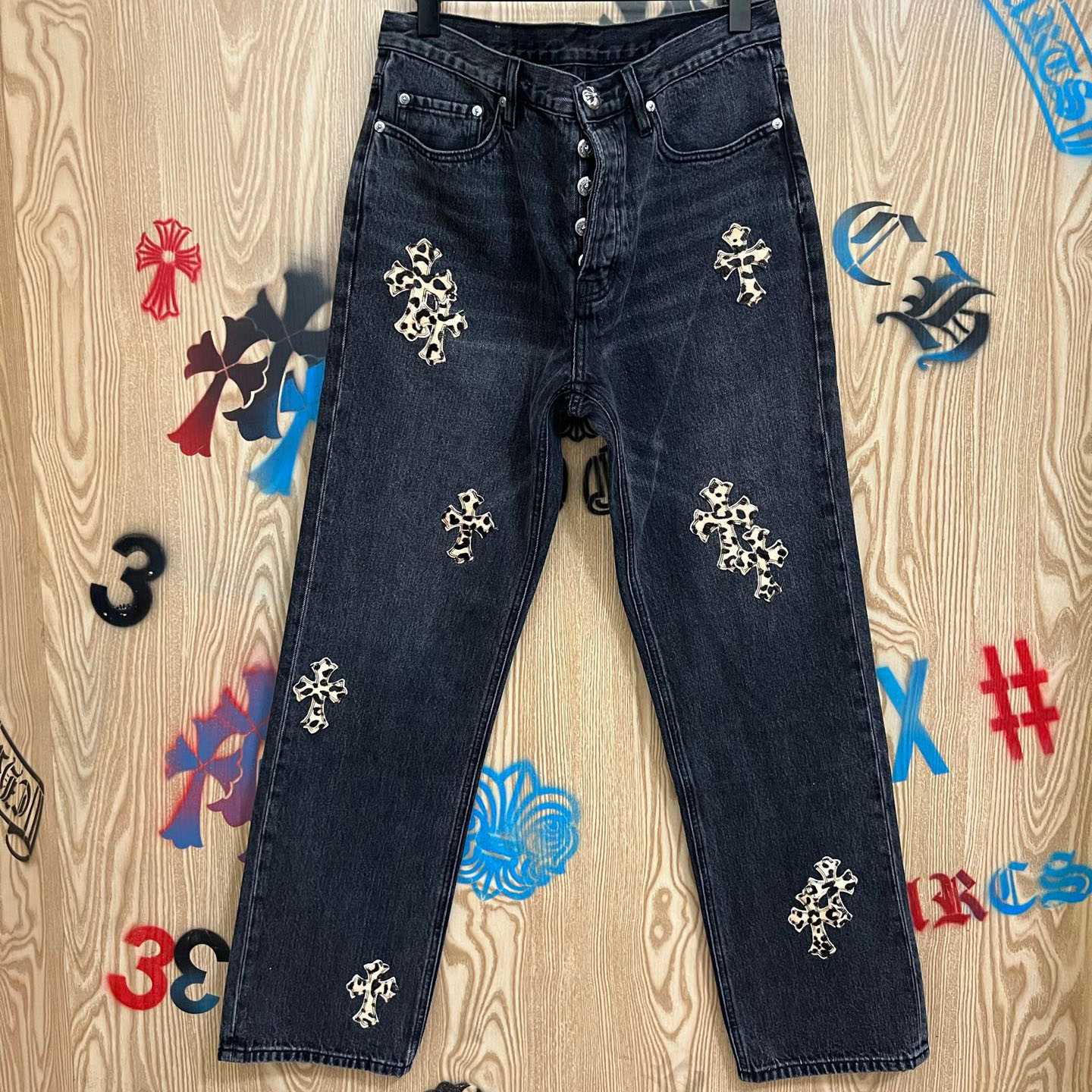 Chrome Hearts Levi's  Leopard Cross Patch Black Jeans - FashionPlug